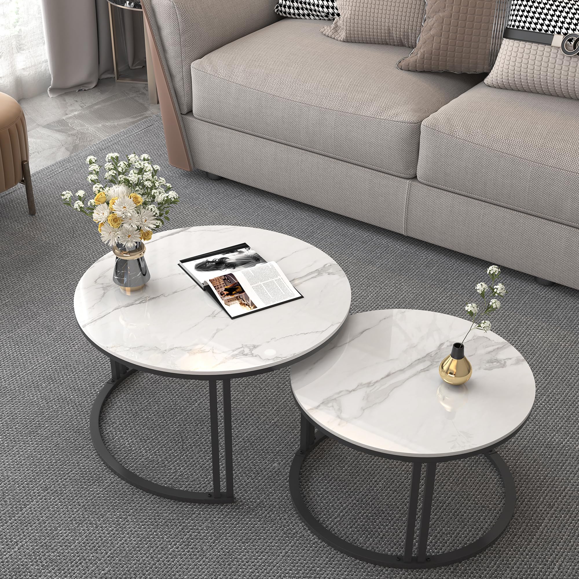 FATIVORound Coffee Table Nest Tables - Nesting Coffee Table Set of 2 White Marble Sintered Stone Tabletop with Black Metal Frame Nest of Tables,Living Room Apartment Hotel Office