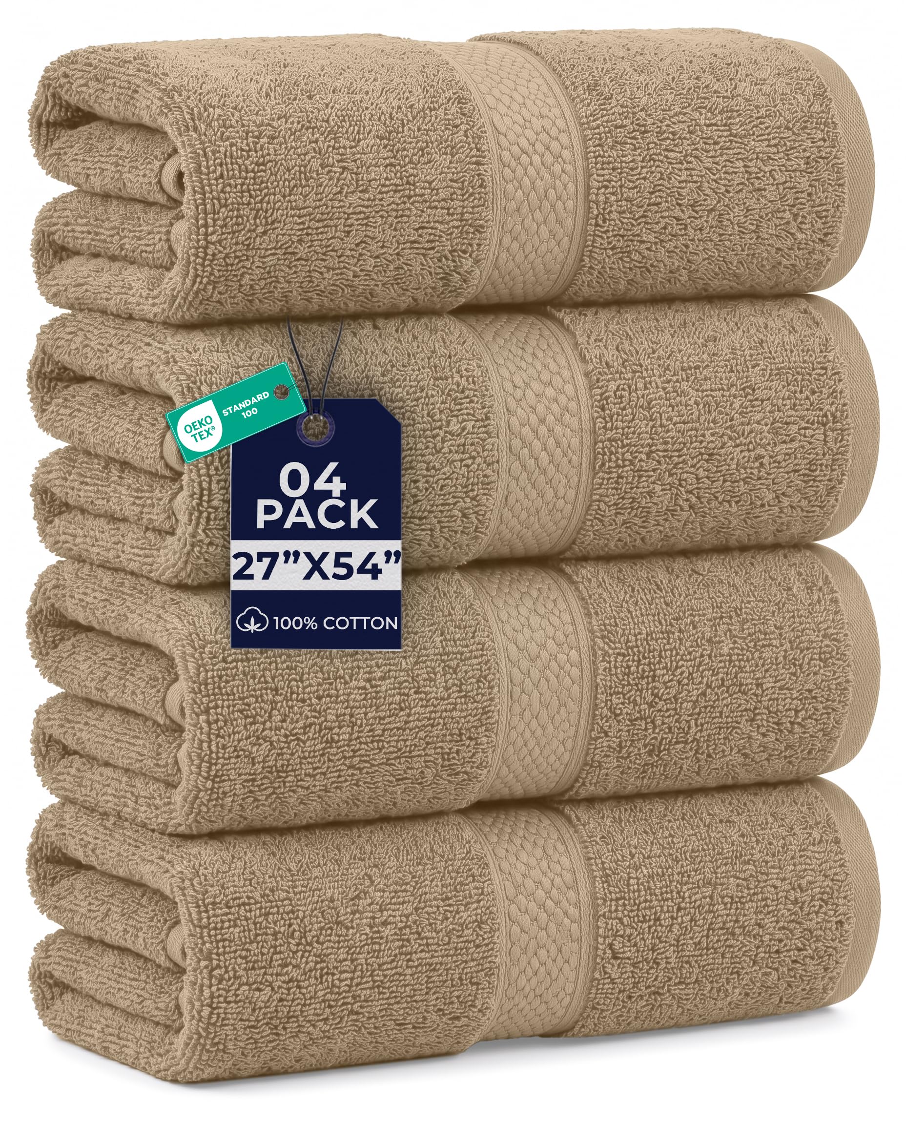 DAN RIVER 600 GSM Cotton Large Bath Towels Set of 4, 27 x 54 Inches, Tan