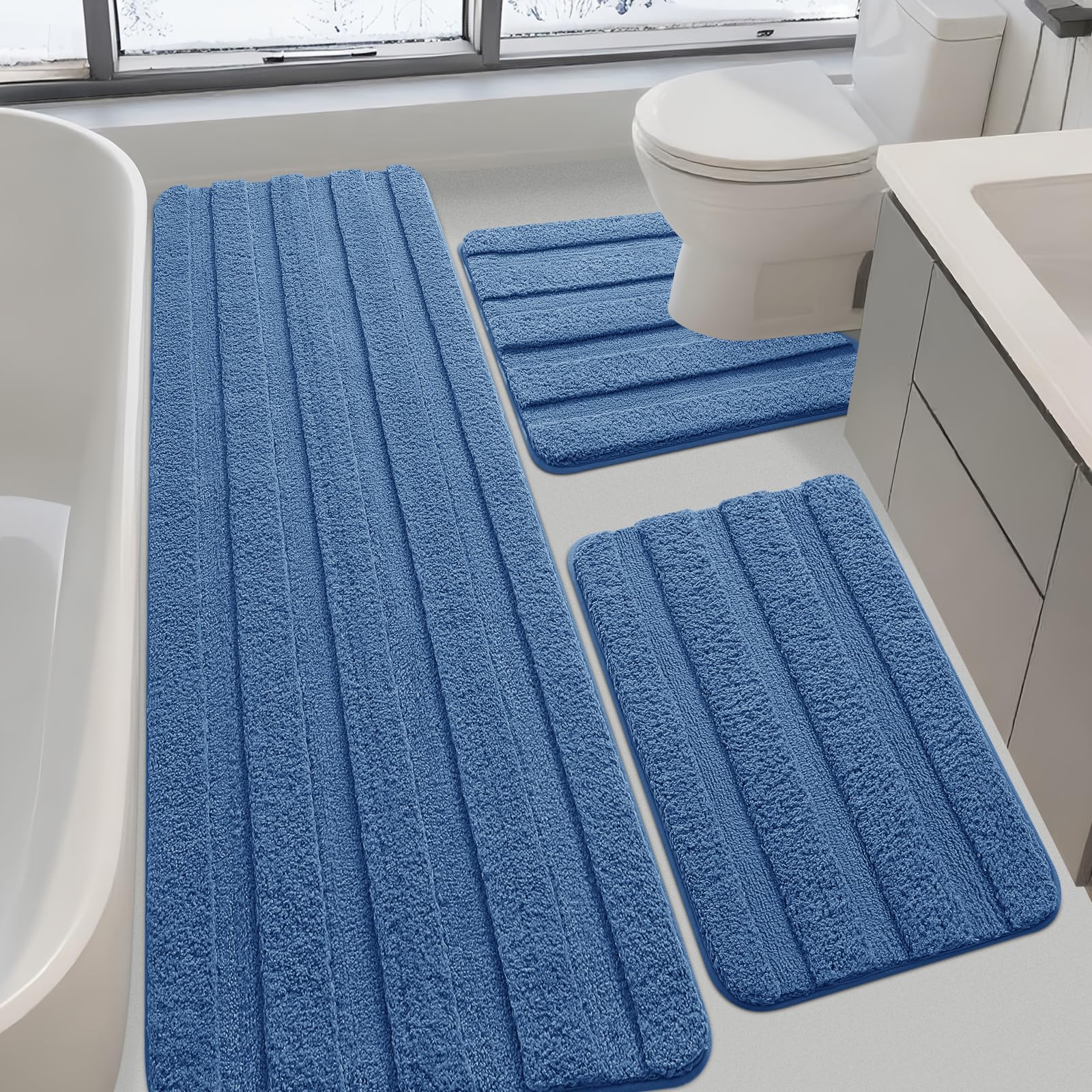 Striped Bathroom Rugs Sets 3 Piece, Ultra Soft Plush Fluffy Microfiber Absorbent Bath Mat, Non-Slip Backing, Machine Washable Bath Mats for Bathroom Floor, Tub, Toilet and Shower, Home Decor, Blue