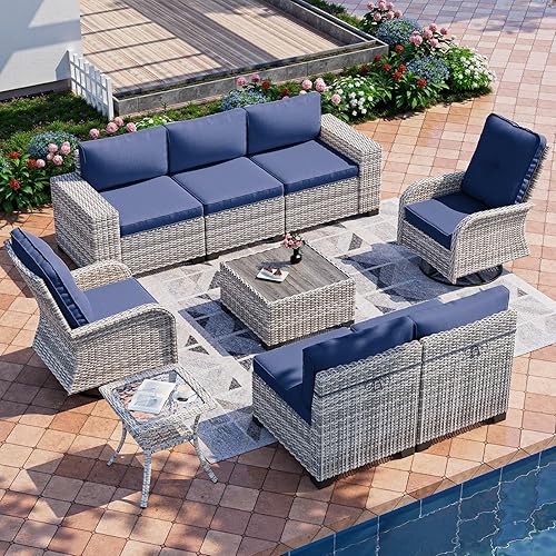 9-Piece Outdoor Patio Furniture Set with Rocking Swivel Chair Wicker Sectional Sofa Set, Patio Conversation Set with Thickened Cushions & Coffee Table for Garden, Backyard, Navy Blue