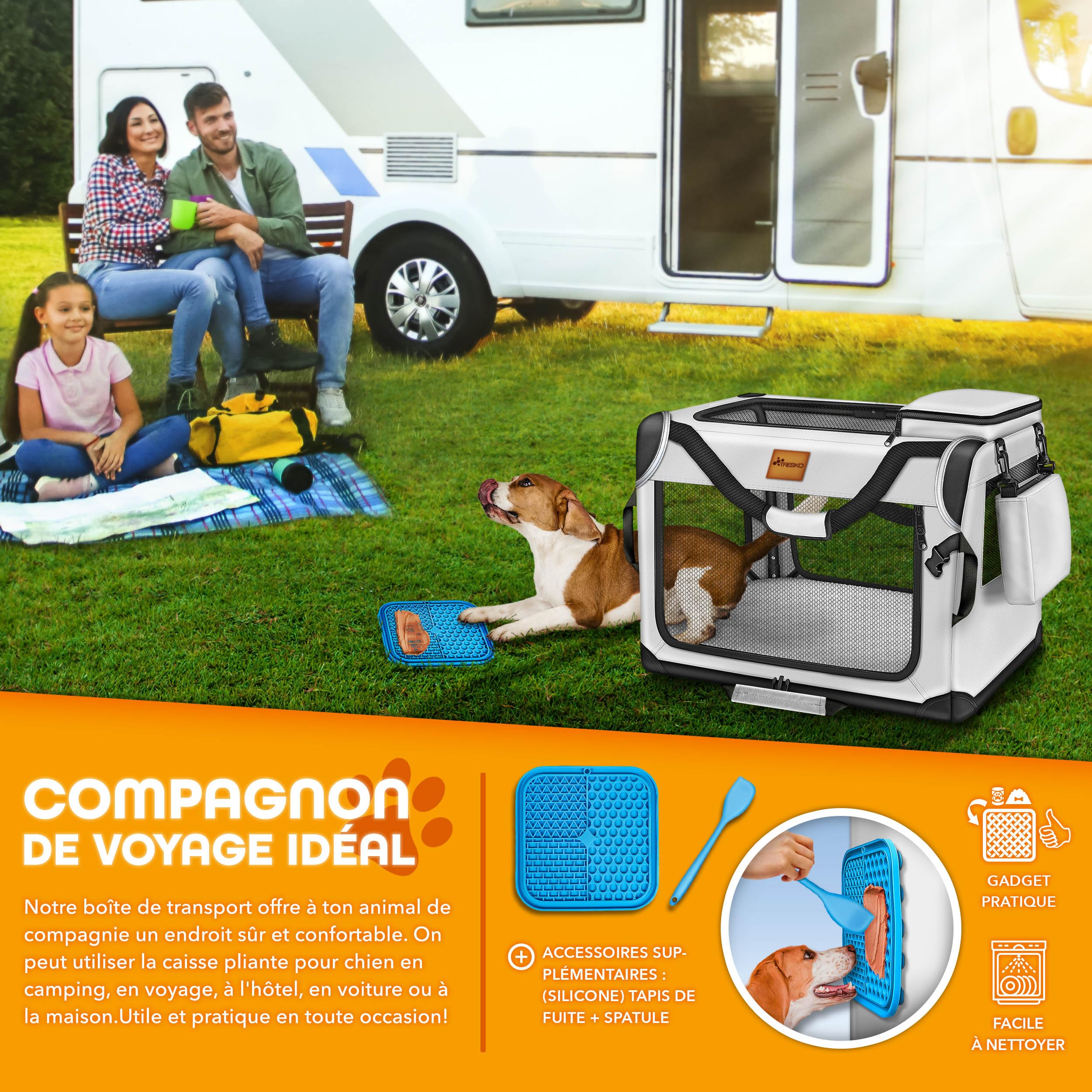 TRESKO® Caisse de transport pliable, avec tapis de fuite, spatule et réflecteurs, pour chiens et chats de petite et grande taille, sac robuste, taille M, 61 x 42 x 42 cm (gris)