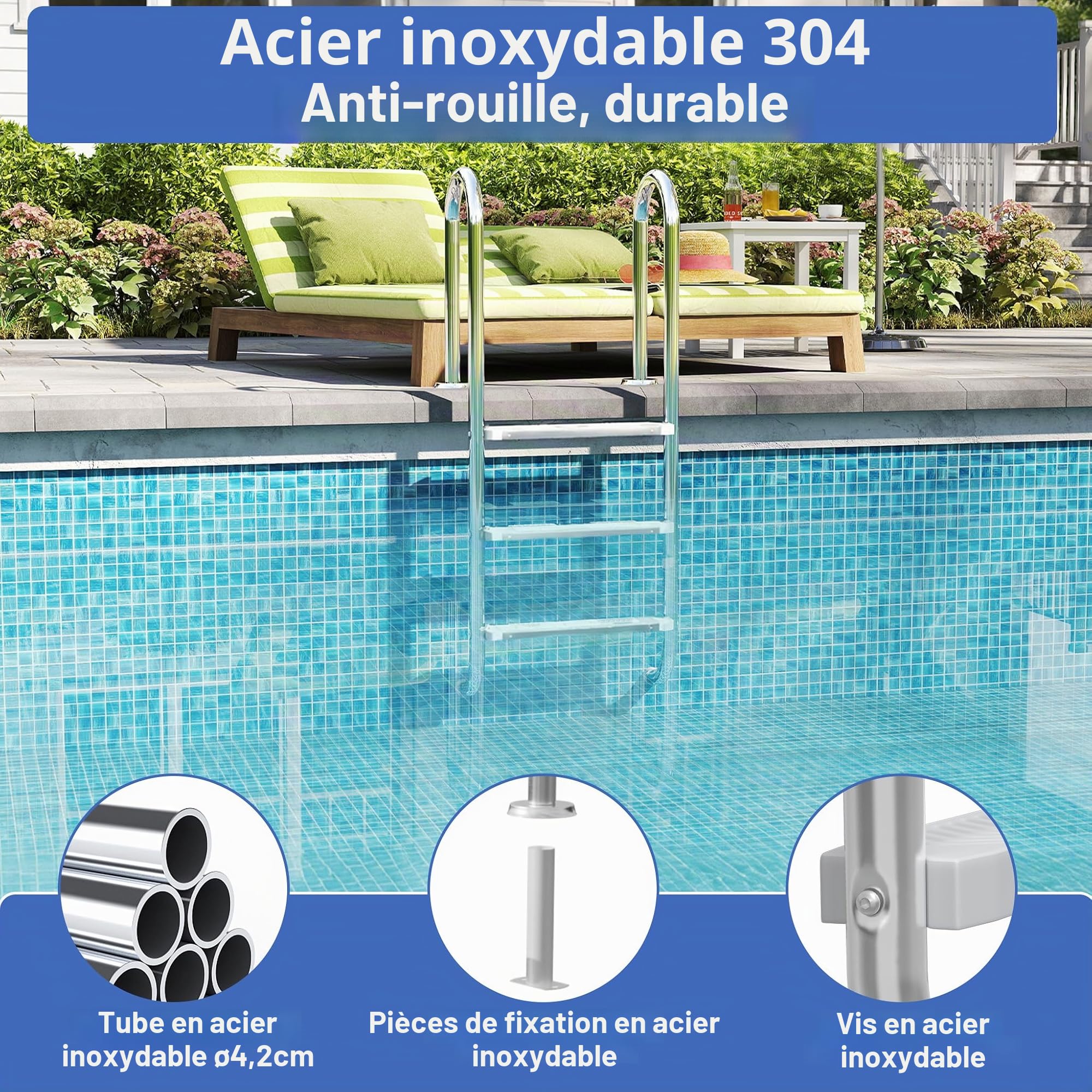Froadp Échelle de Piscine en Acier Inoxydable avec 4 Marches Antidérapantes - 157 x 54 x 26,5 cm - Charge Maximale : 150 kg - Argenté