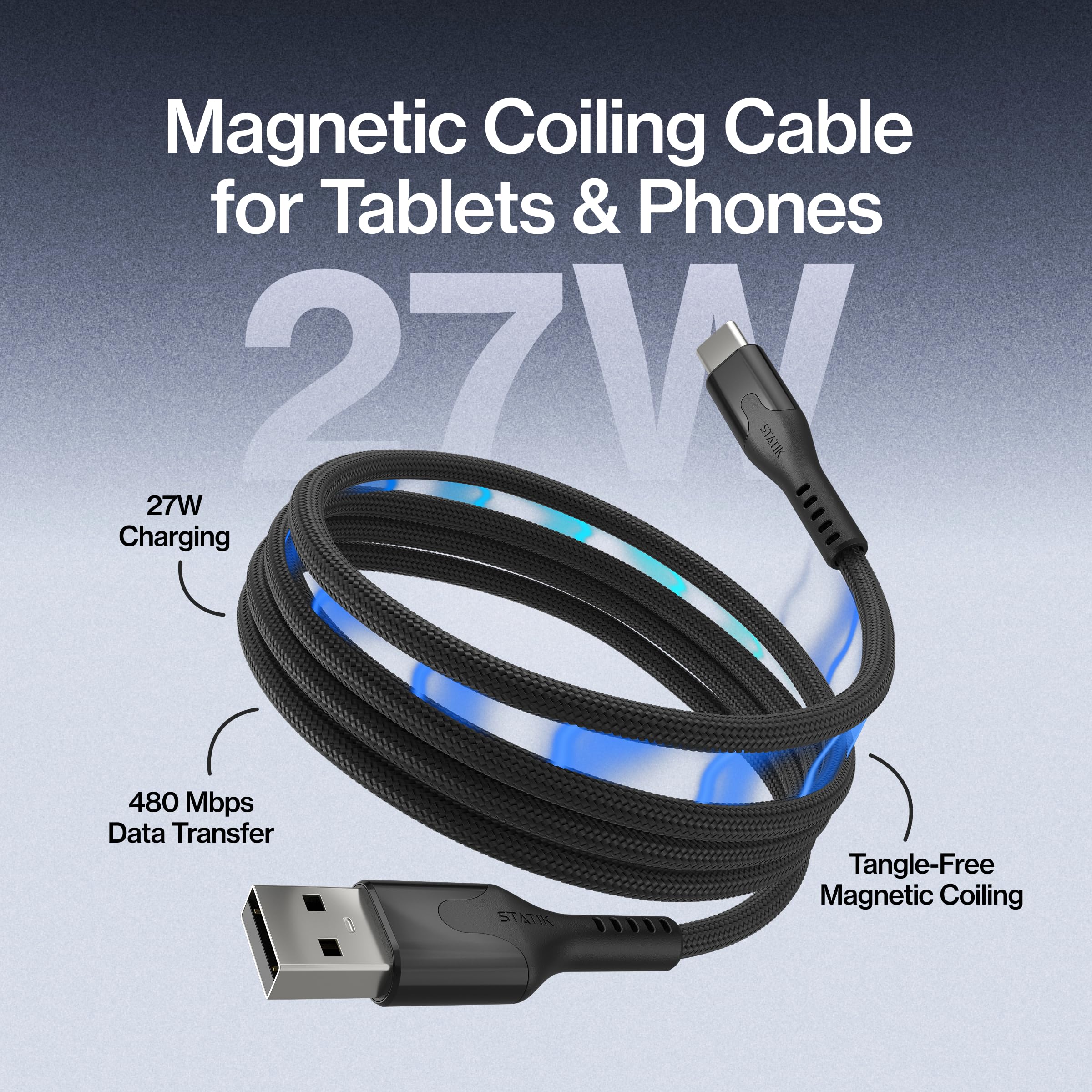 Statik MagStack USB A na USB C spiralny magnetyczny kabel do ładowania, 27 W | Nylonowy oplot nieplączący się, magnetyczne spoiling, transfer danych, kompatybilny z iPhone i Android, 3FT czarny, 3-pak