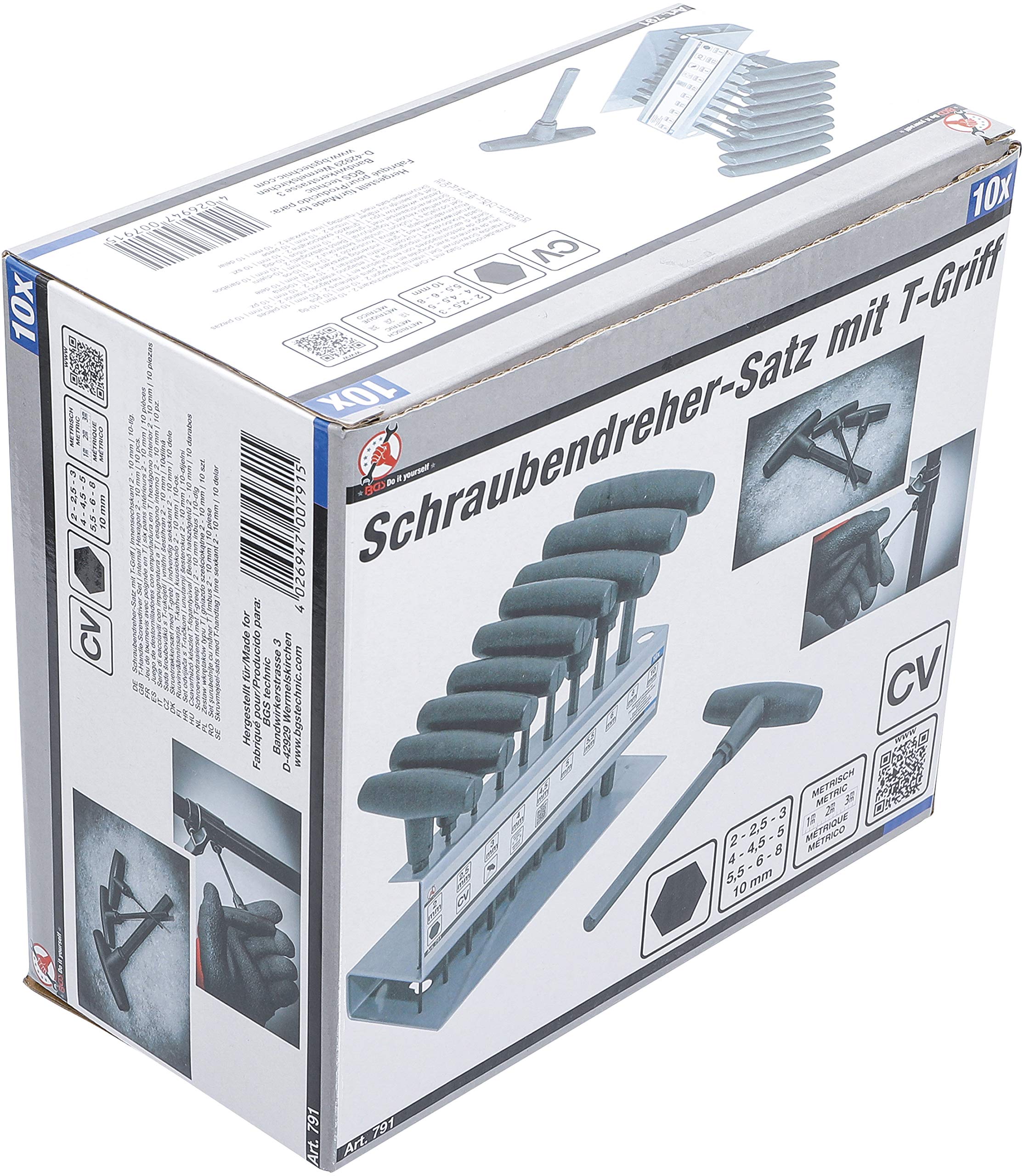 BGS Diy 791 Set 10 Cacciaviti Esagonali A T – Misure Da 2 A 10 Mm, Impugnatura Ergonomica In Acciaio Al Cromo Vanadio, Con Supporto Portaattrezzi, Per Lavori Di Precisione E Officina