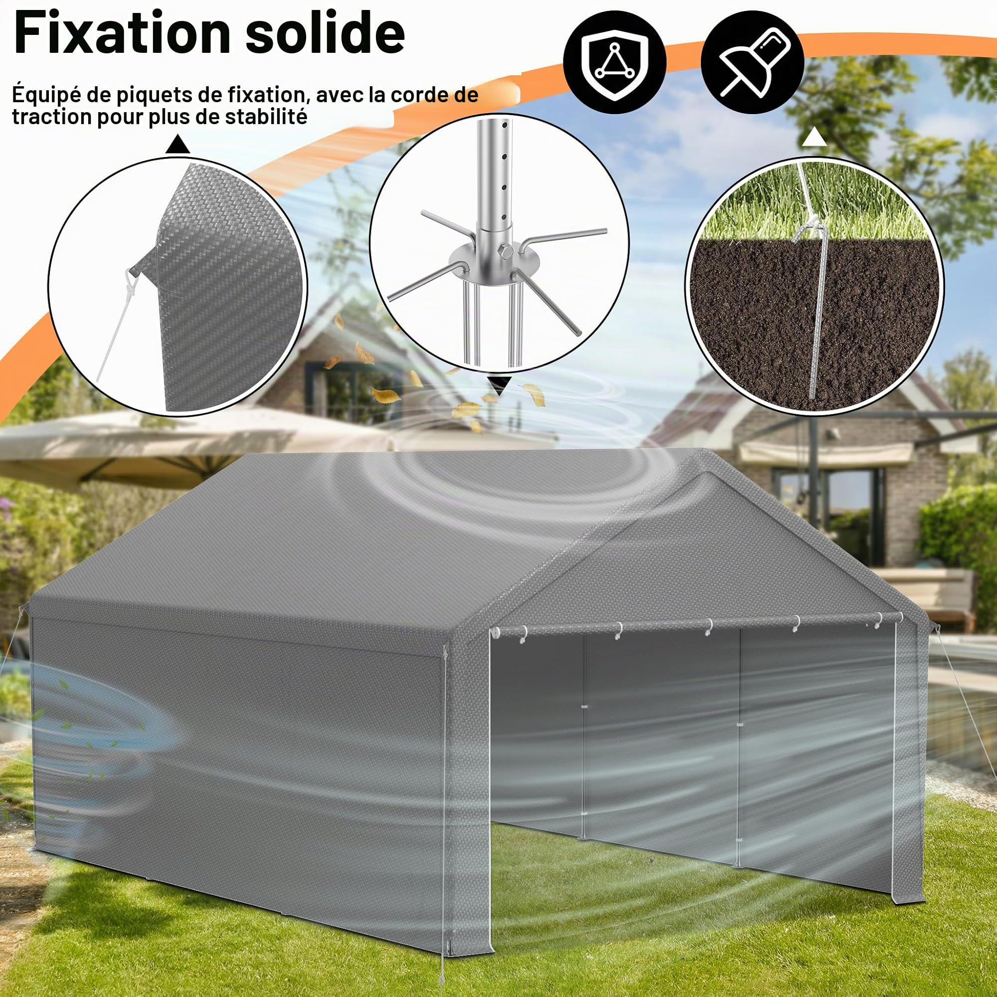 Carport, tente de rangement, 4 x 6 m, gris, structure en acier galvanisé, bâche en polyéthylène 200 g/m², imperméable, protection UV, avec bâches latérales, renfort de toit et accessoires
