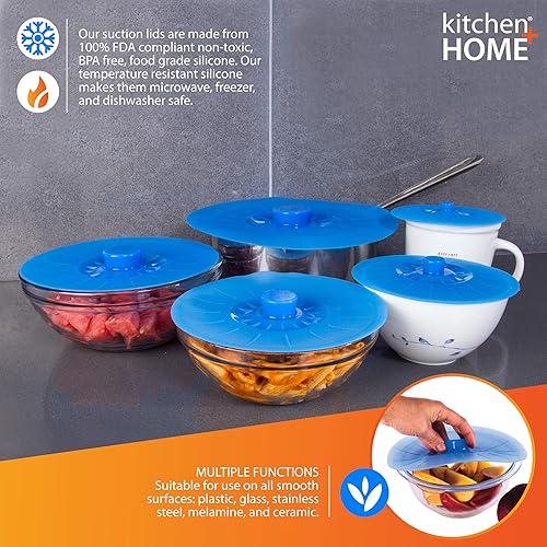 Miniatura 4 de Set de 5 tapas de silicona de diferentes tamaños para tazas, cuencos, ollas o contenedores., Azul