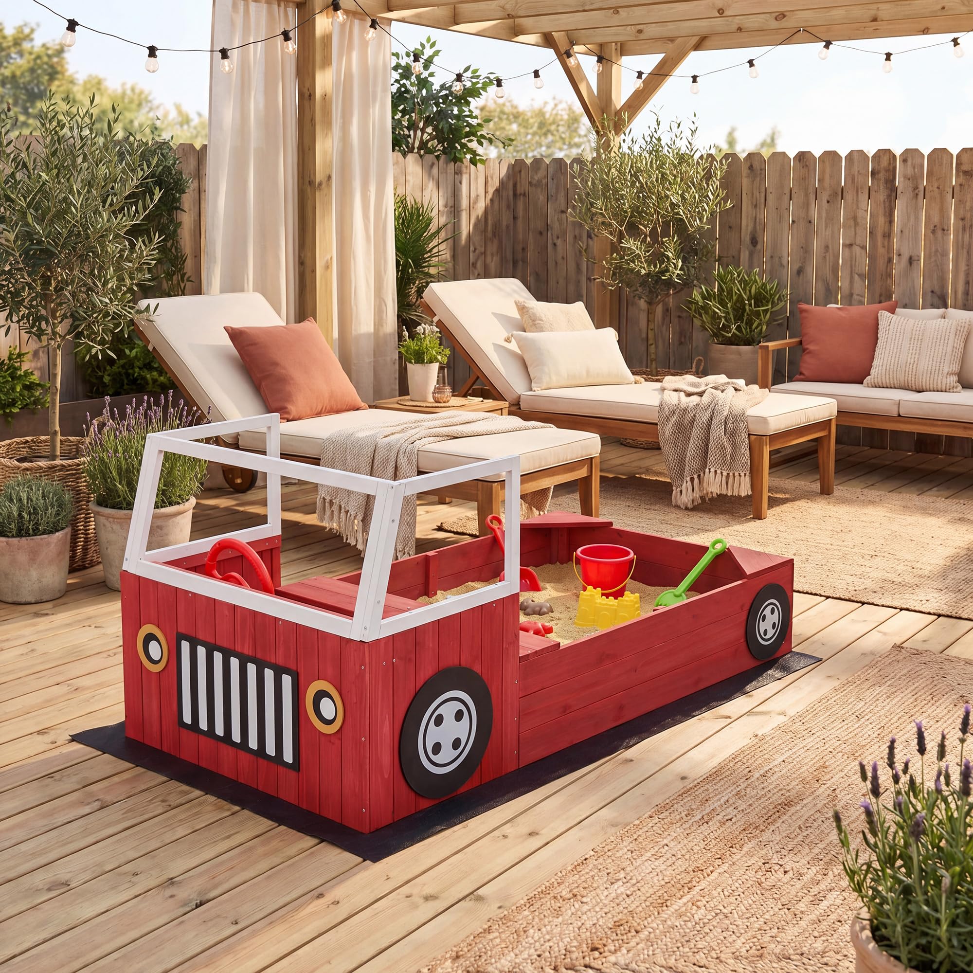 HOMASIS Sabbiera per Bambini in Legno, Sabbiera da Esterno a Forma di Autopompa con Panca, Sedile, Volante e Fodera, Gioco da Spiaggia per Cortile e Giardino, per Bambini 18+ Mesi, 156 x 80 x 70 cm