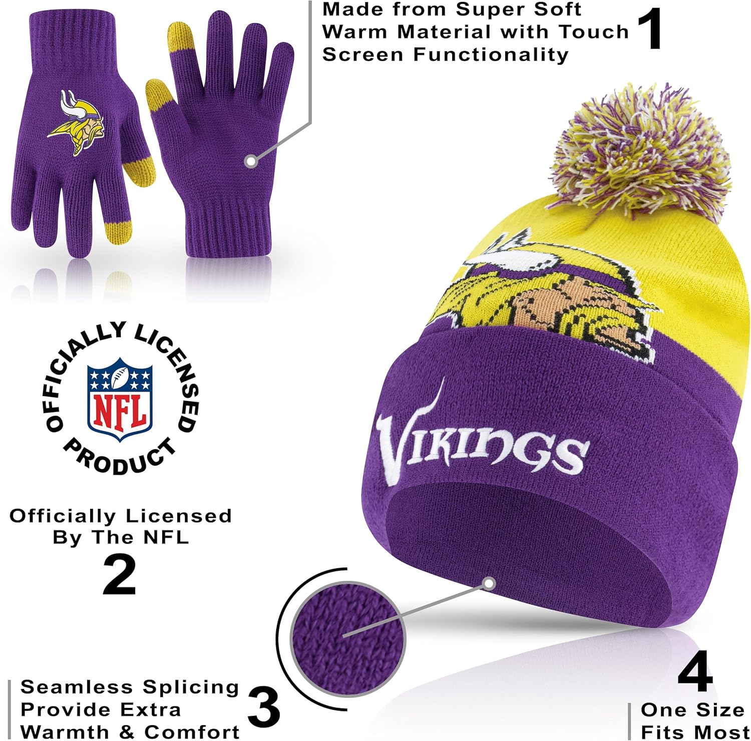 Ultra Game Adults NFL Official Super Soft Winter Beanie Knit Hat With Warm Touch Screen Gloves - Image 4