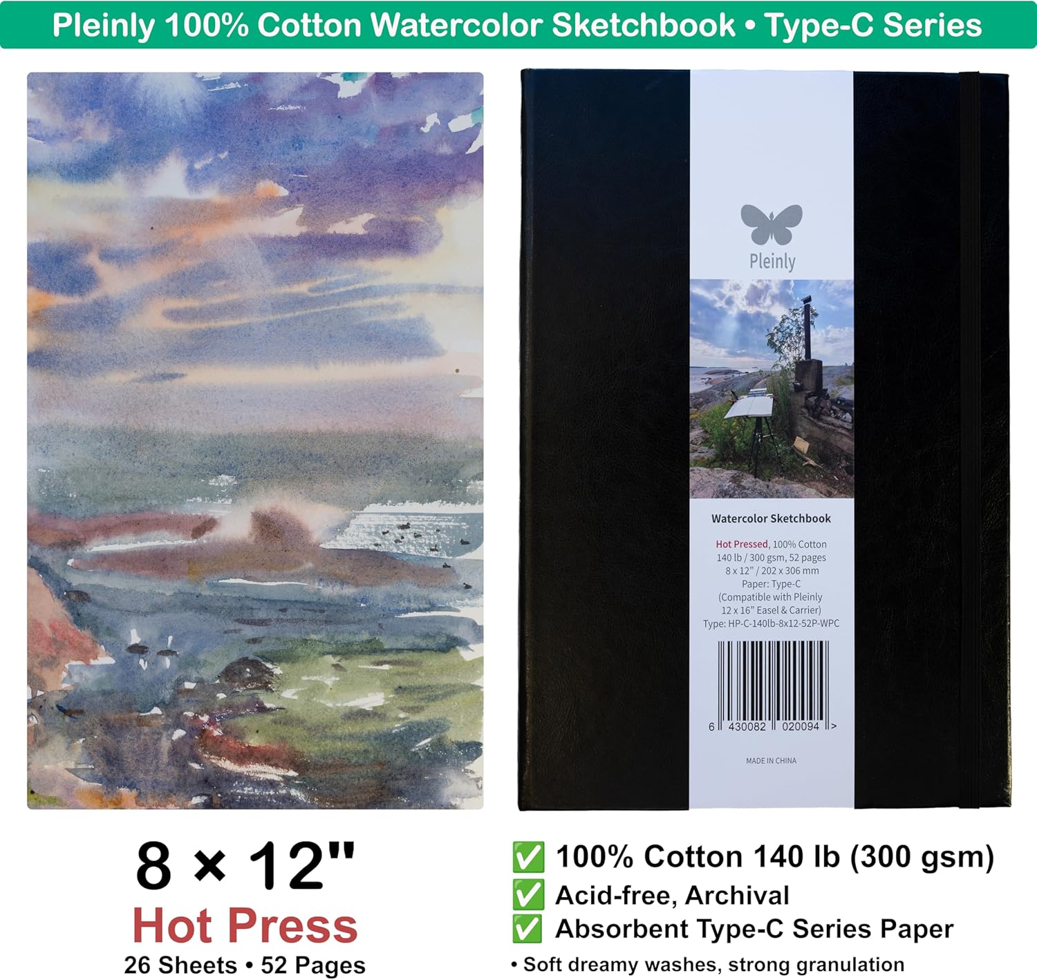 Pleinly 100% Cotton Watercolor Sketchbook 8×12” Double Pack | Hot Pressed, 300 GSM, 52 Pages, Opens Fully Flat, Type-C Series Paper: Soft Washes, Strong Granulation, Also Perfect for Ink & Gouache