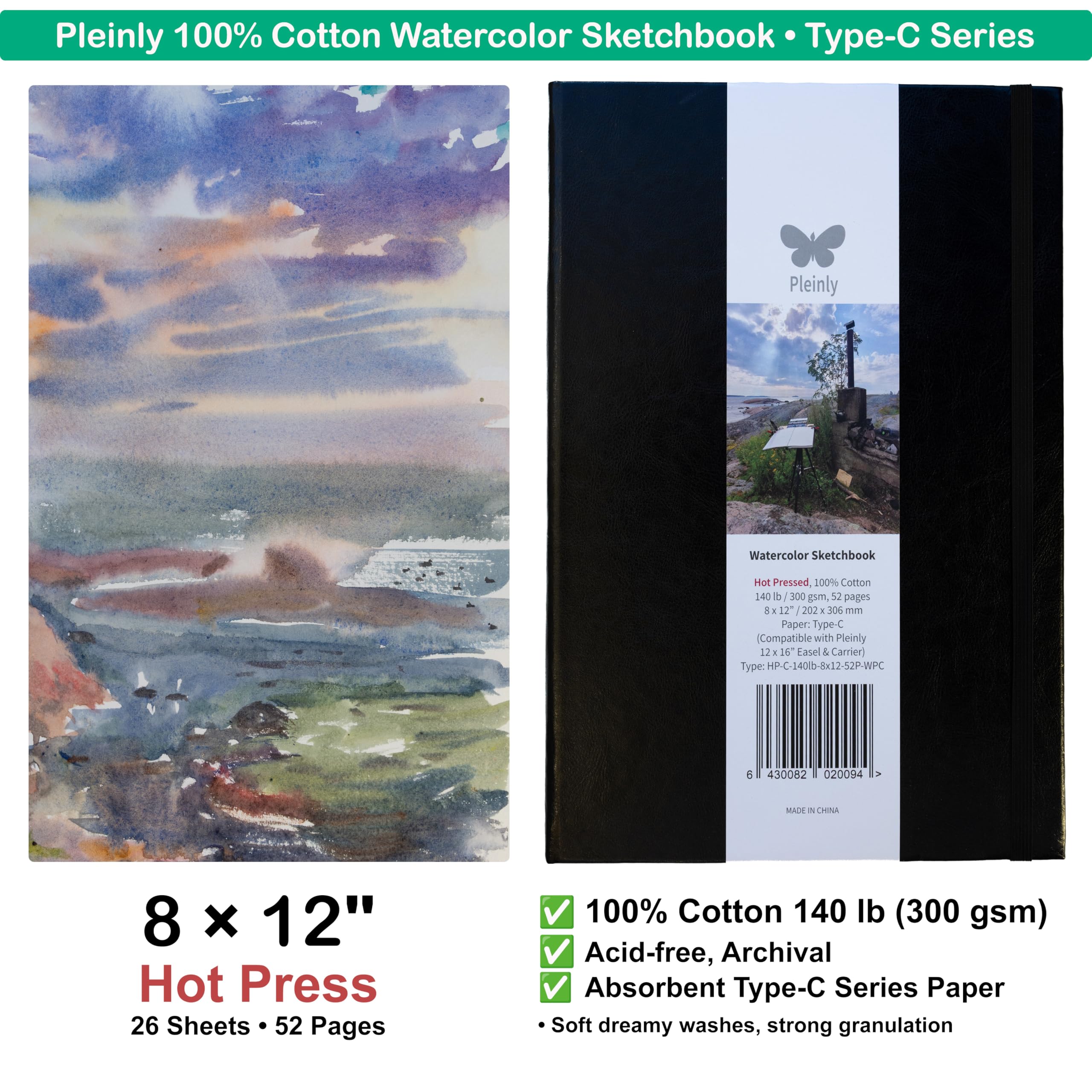 Pleinly Carnet de croquis aquarelle, 202 x 306 mm, 100 % coton, 300 g/m², 26 feuilles/52 pages, portrait, pressé à chaud (texture subtile), couverture en toile rigide
