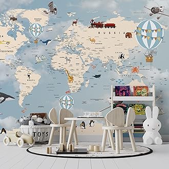 Muravie World Map for Nursery Room Wallpaper- Educational Map- Balloons Flying Map- Nursery Room Decor- Stickers- Gifts for Her- New Year Gift (World Map Wallpaper)