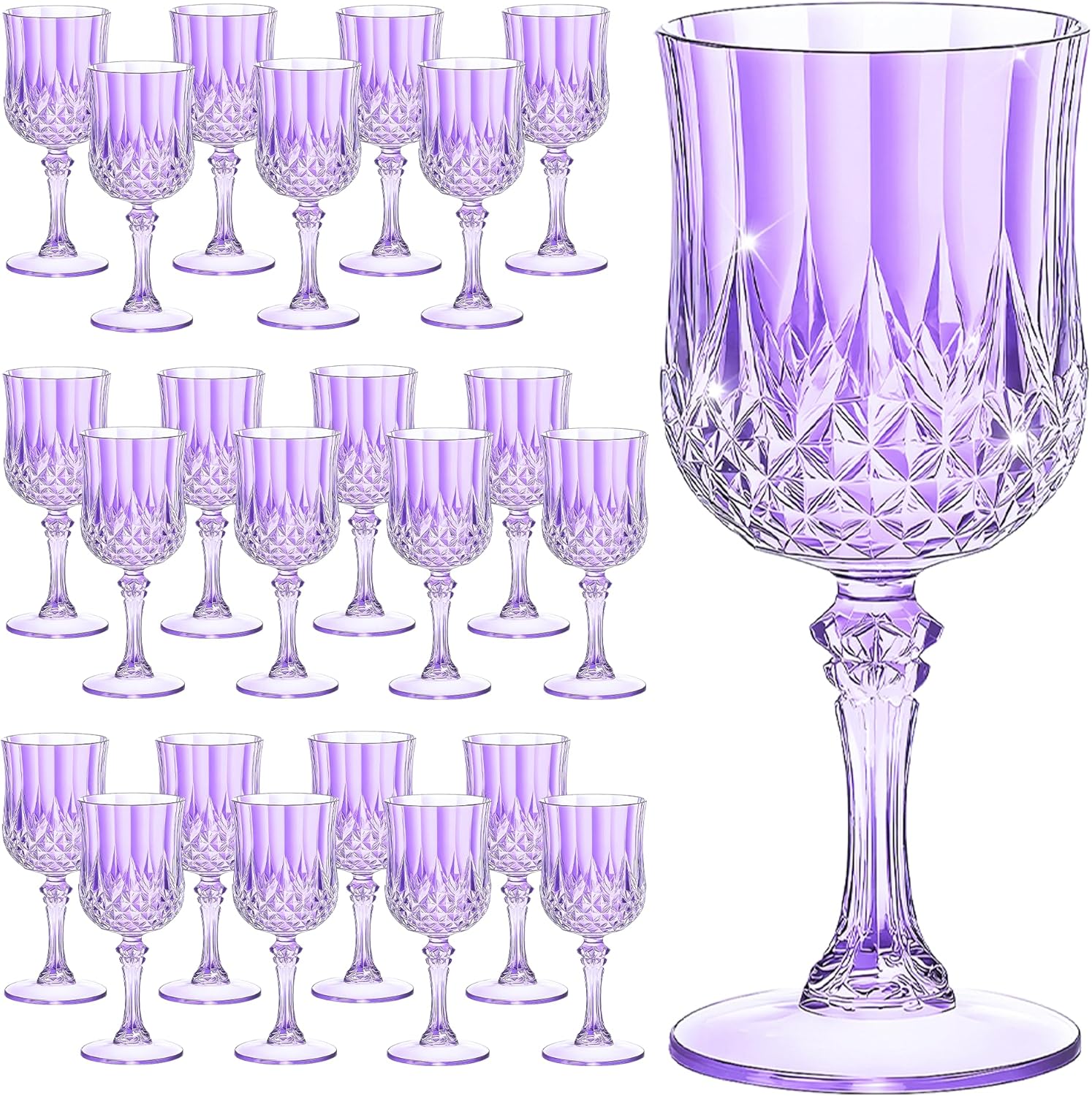 HTTBEIZI 7OZ Plastic Wine Glasses, Disposable Goblets Drinking Glasses Crystal Vintage Water Cups Unbreakable Champagne for Valentine’s Day, Wedding, Parties (24, Light Purple)