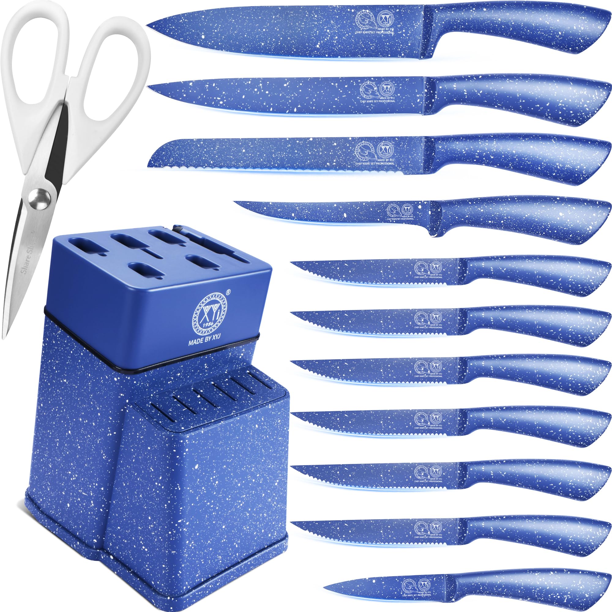 XYJ Authentic Since 1986 - Set di coltelli da cucina, in acciaio inox con portacoltelli, set professionale di coltelli da cucina giapponesi, per frutta, pane, coltello da bistecca, coltello da cuoco