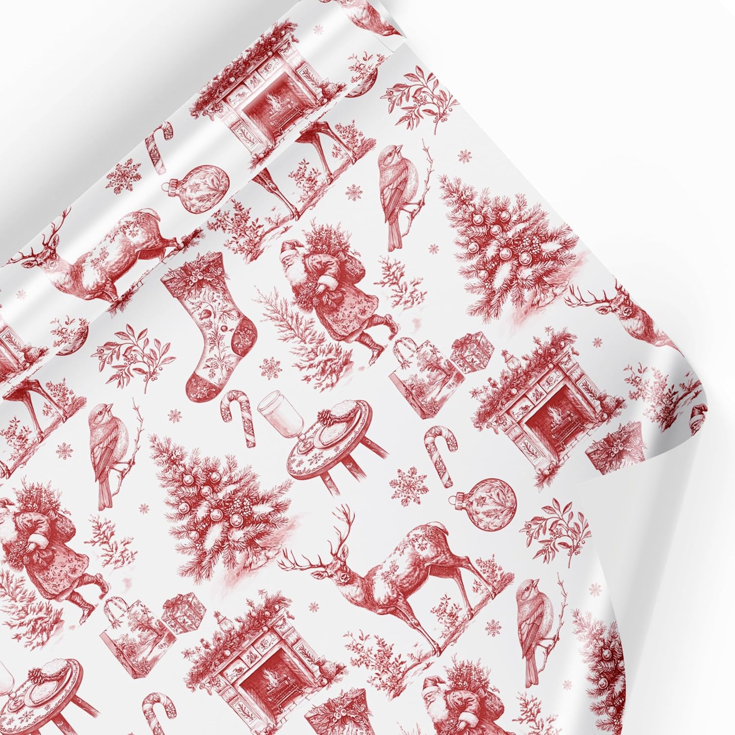 Red Toile Christmas Wrapping Paper - Classic French Vintage Gift Wrap