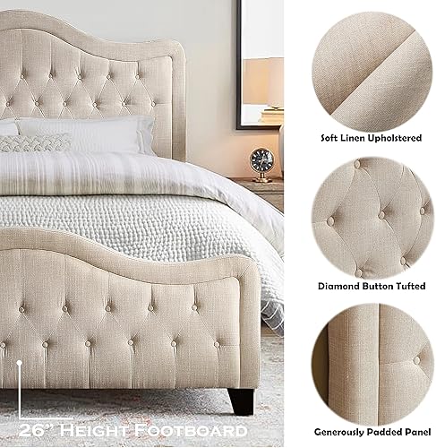 Miniatura 23 de Rosevera Turin Linen - Cama tapizada con paneles y cabecero capitonado con botones ajustables para dormitorio, tamaño Queen, color gris