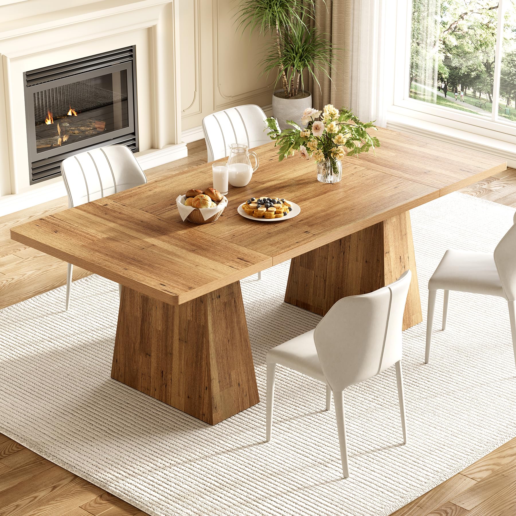 Photo 1 of LITTLE TREE Dining Table for 6 People, Wooden Dining Table, Rectangle Table with Heavy Duty Legs, Modern Dining Table for Kitchen, Dining Room, Light Brown
