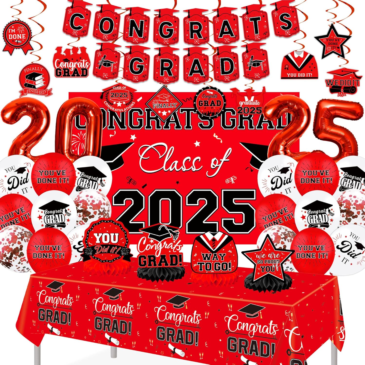 Graduation Decorations 2025, Class of 2025 Backdrop, Banner, 2025 Foil Balloons, Tablecloth, Hanging Swirls, Honeycomb Centerpieces, Party Supplies Decorations Set for College (RED)