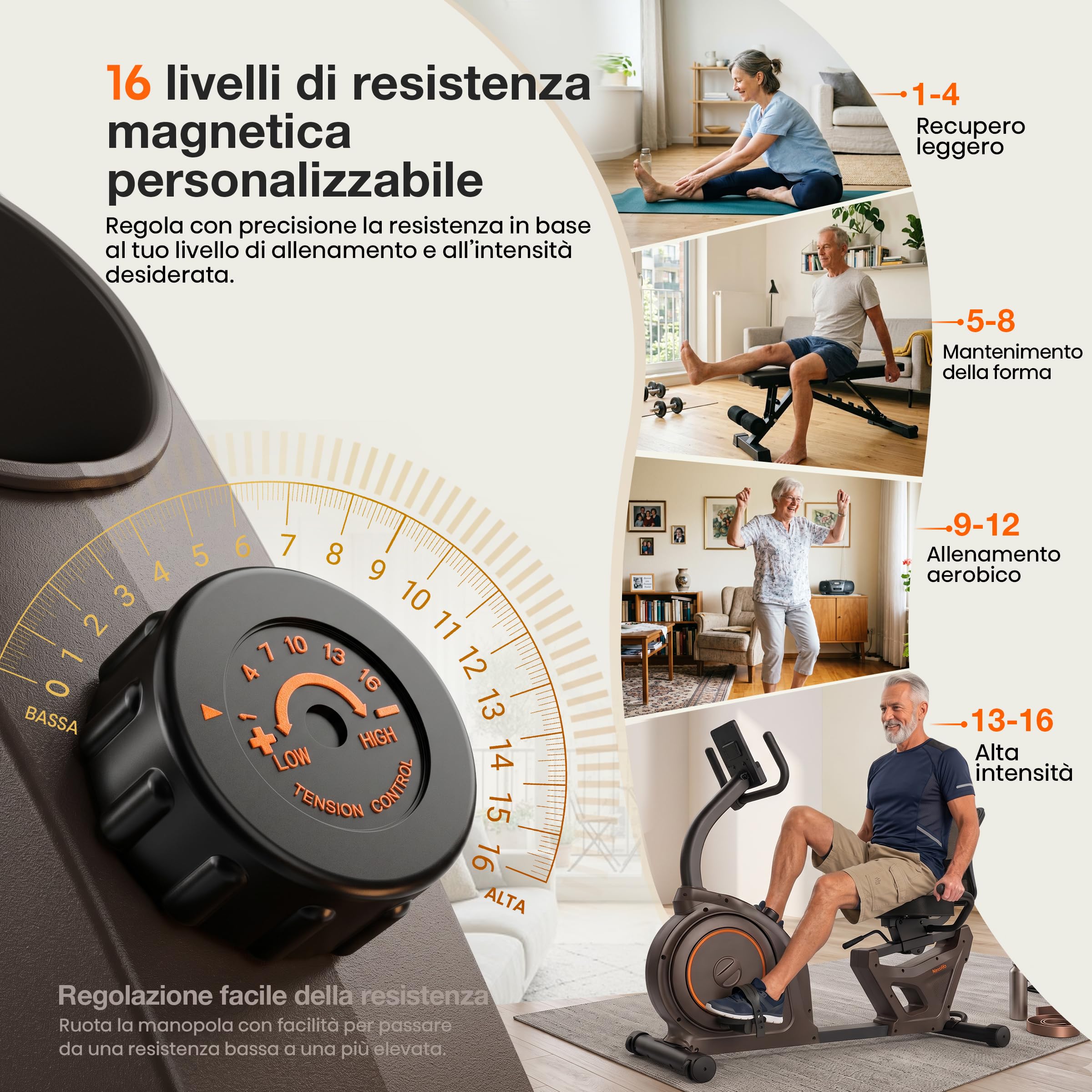 Niceday Cyclette reclinata per anziani, bici da casa silenziosa con 16 livelli di resistenza, sedile ergonomico con schienale, allenamento delicato sulle articolazioni, preassemblata all’85%