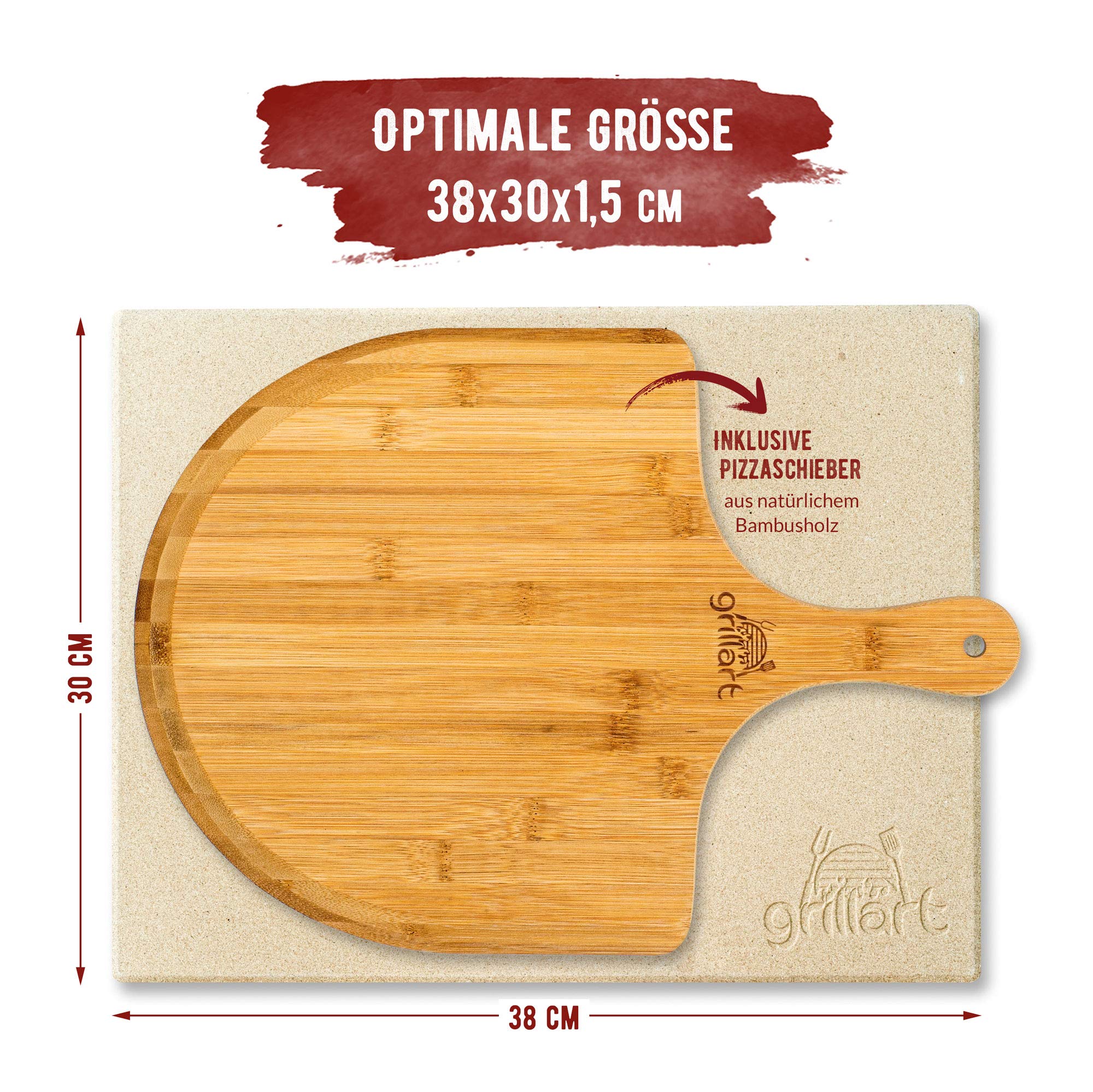 grillart® Kamień do pizzy premium do grilla gazowego, grilla na węgiel drzewny i piekarnika w zestawie – wysokiej jakości kamień do pizzy, prostokątny, łącznie z łopatką do pizzy i książką z