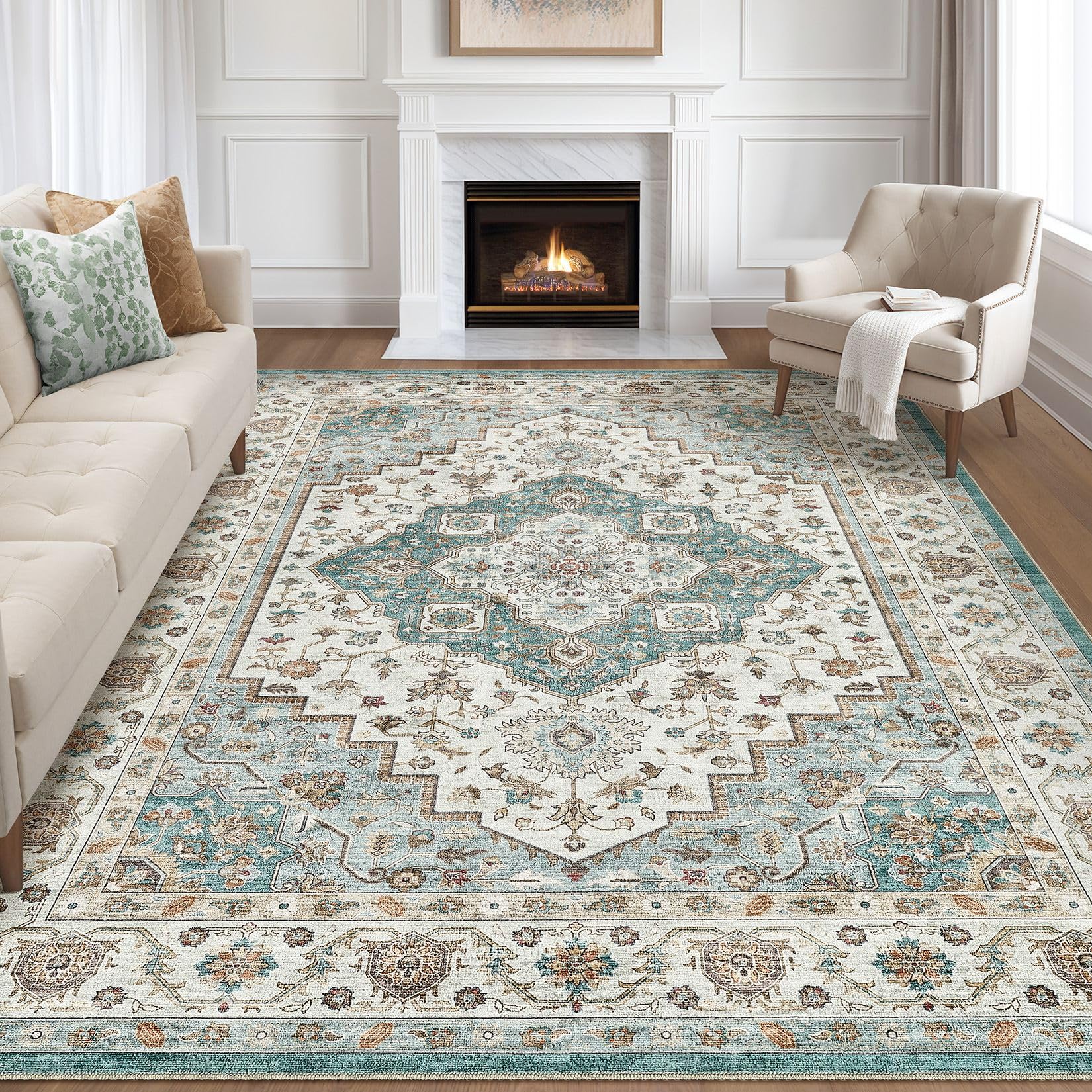 8x10 Area Rugs Living Room: Washable Boho Large Neutral Vintage Soft Rug Stain Resistant Farmhouse Non-Slip Indoor Floor Carpet for Bedroom Nursery Kids Playroom Office Dining Room Home- Teal Brown