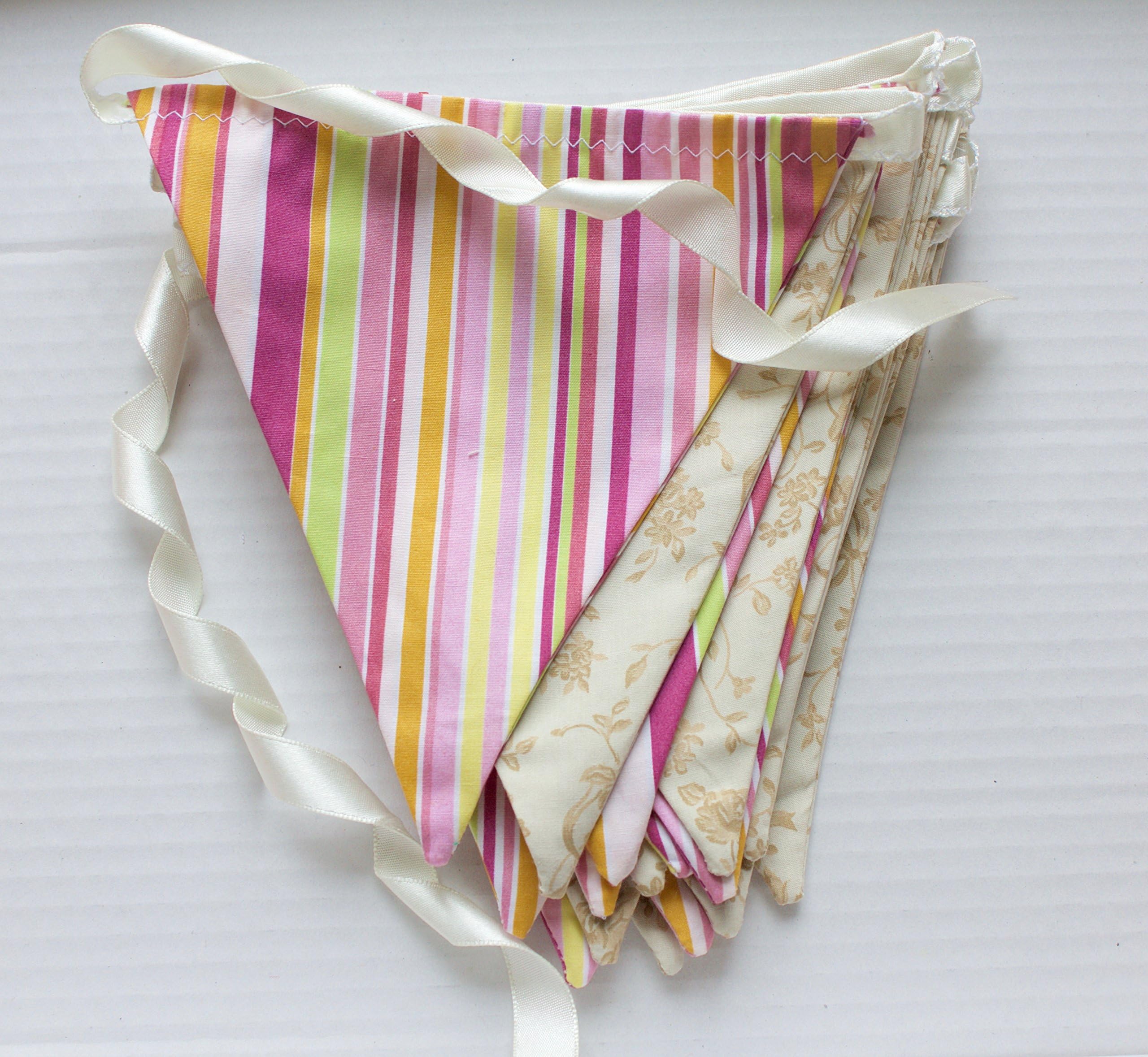 Pink and cream stripes and roses pastel nursery bunting pennant flags double layered cotton fabric banner garland 12 Foot