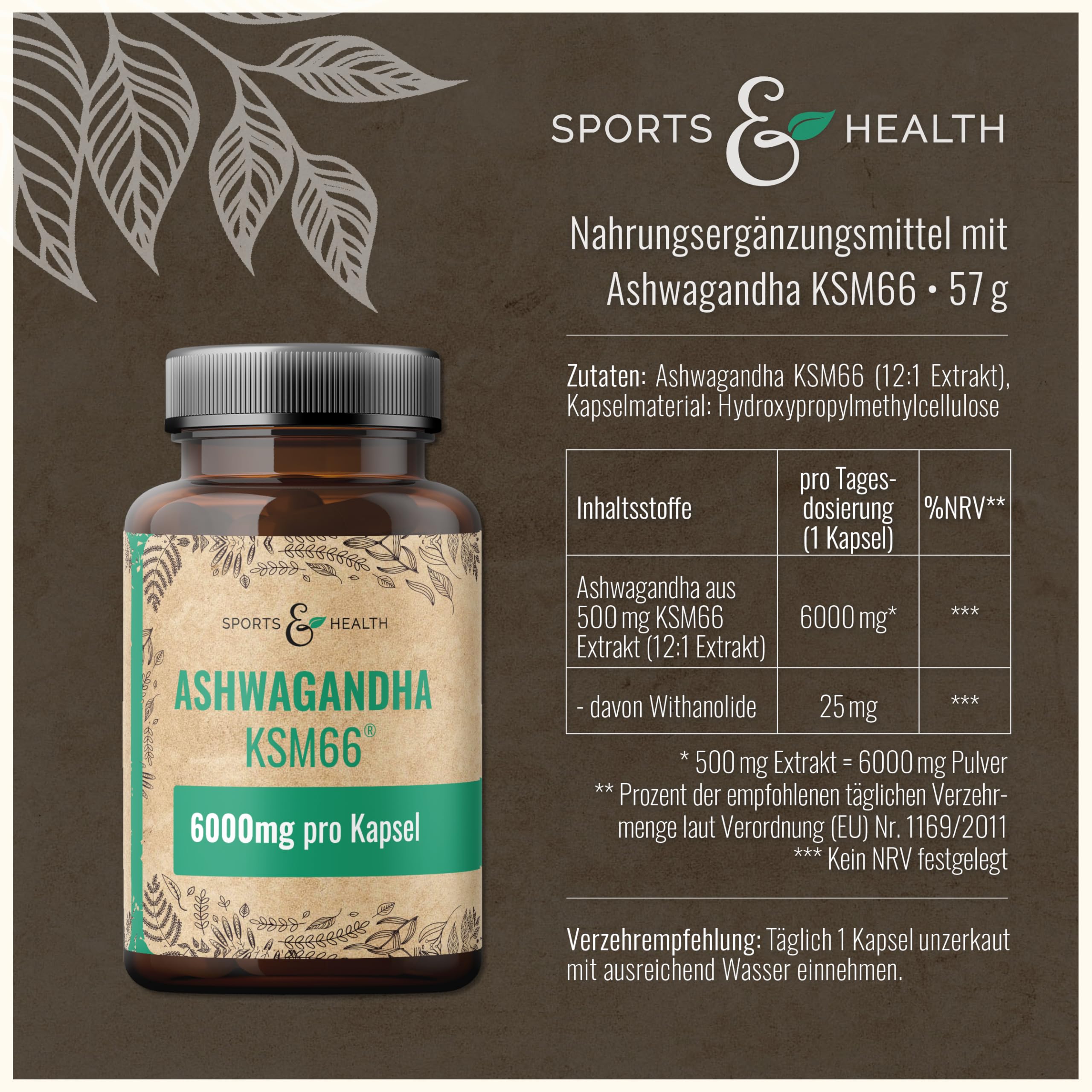 Ashwagandha KSM-66 Kapseln - Ultra Hochdosiert 6000mg pro Kapsel – Reines Extrakt ohne Zusätze – 100 Ashwagandha Kapseln – KSM66 Withanolide