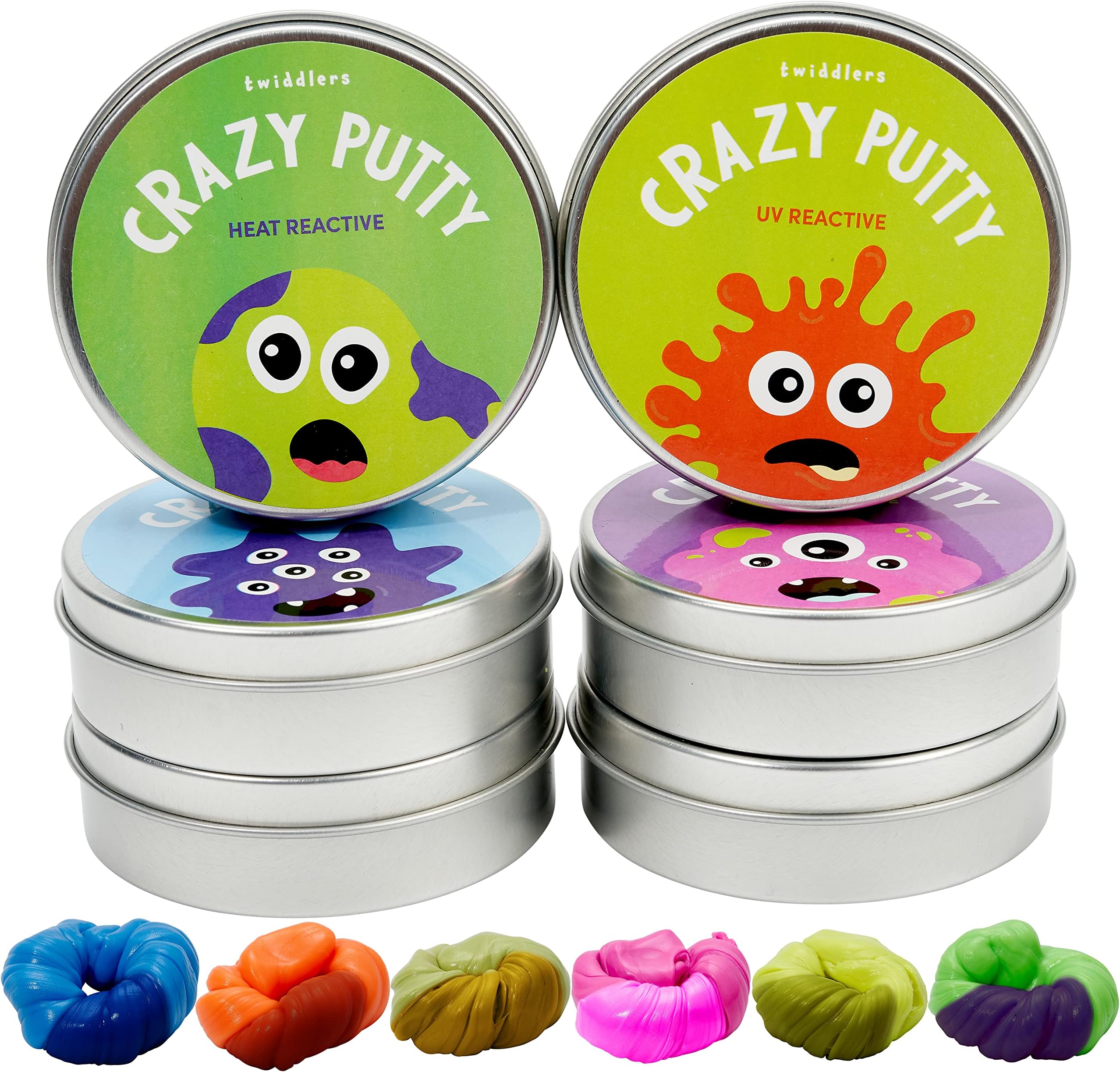 THE TWIDDLERS 6 Smart Colour Changing Putty, Heat Reactive Slime in Lid Pots with 4 Mini UV Torch - Premium Kids DIY Slime, Art Activity Toy Gift Set for Party Favours Bag Fillers
