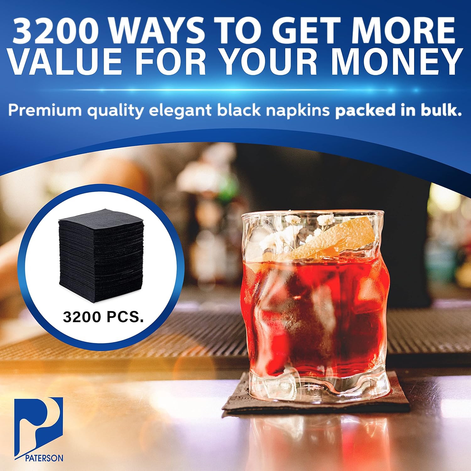 Paterson Paper Black Paper Beverage/Cocktail Napkins Bulk (2 Ply, Embossed Edge, 9" x 9" - 3200/Case)
