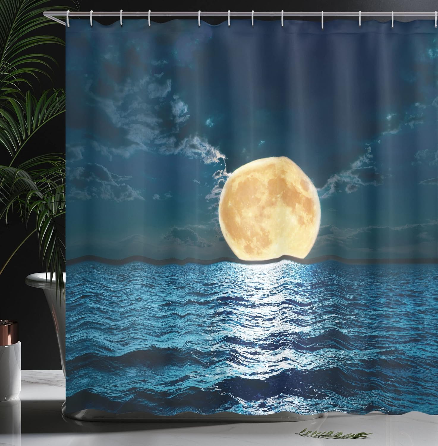 Ambesonne Ocean Shower Curtain, Super Moon Over Ocean Surface Midnight View Dreamy Mystic Picture Print, Cloth Fabric Bathroom Decor Set with Hooks, 69" W x 70" L, Yellow Navy
