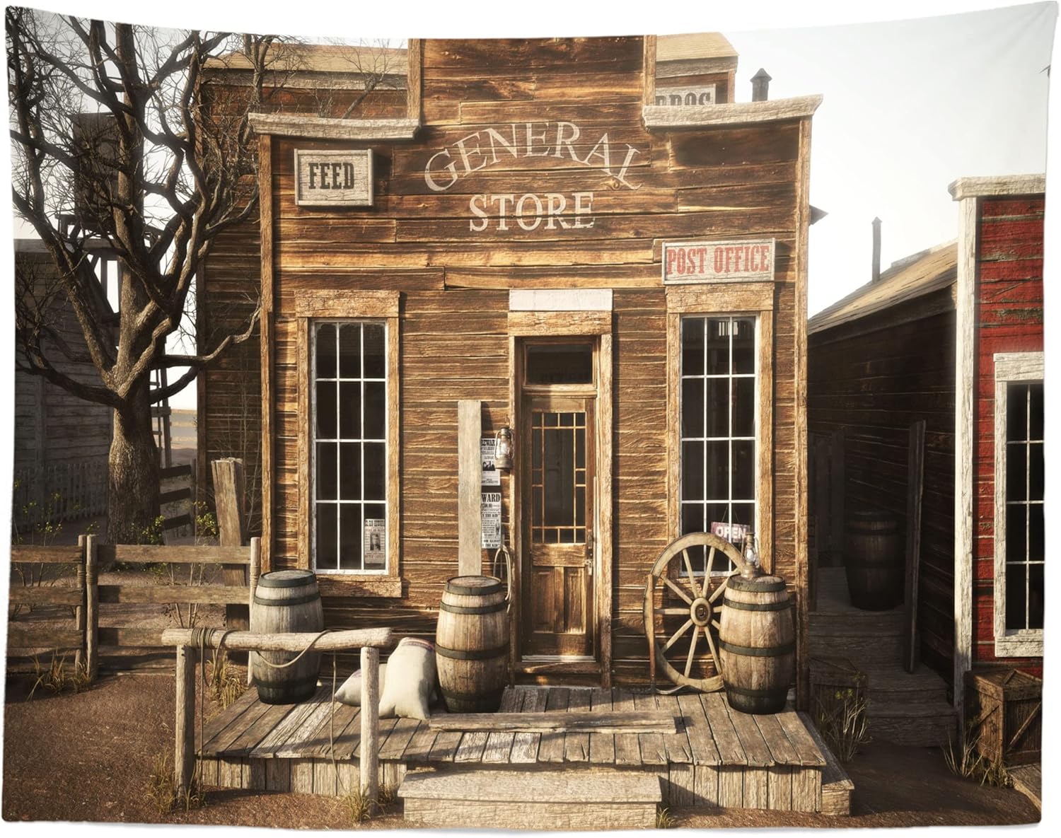 BELECO 10x6.6フィート ファブリック ウエスタン雑貨店 写真撮影用背景幕 オールドウエスタンタウン 郵便局 バレル ワゴ