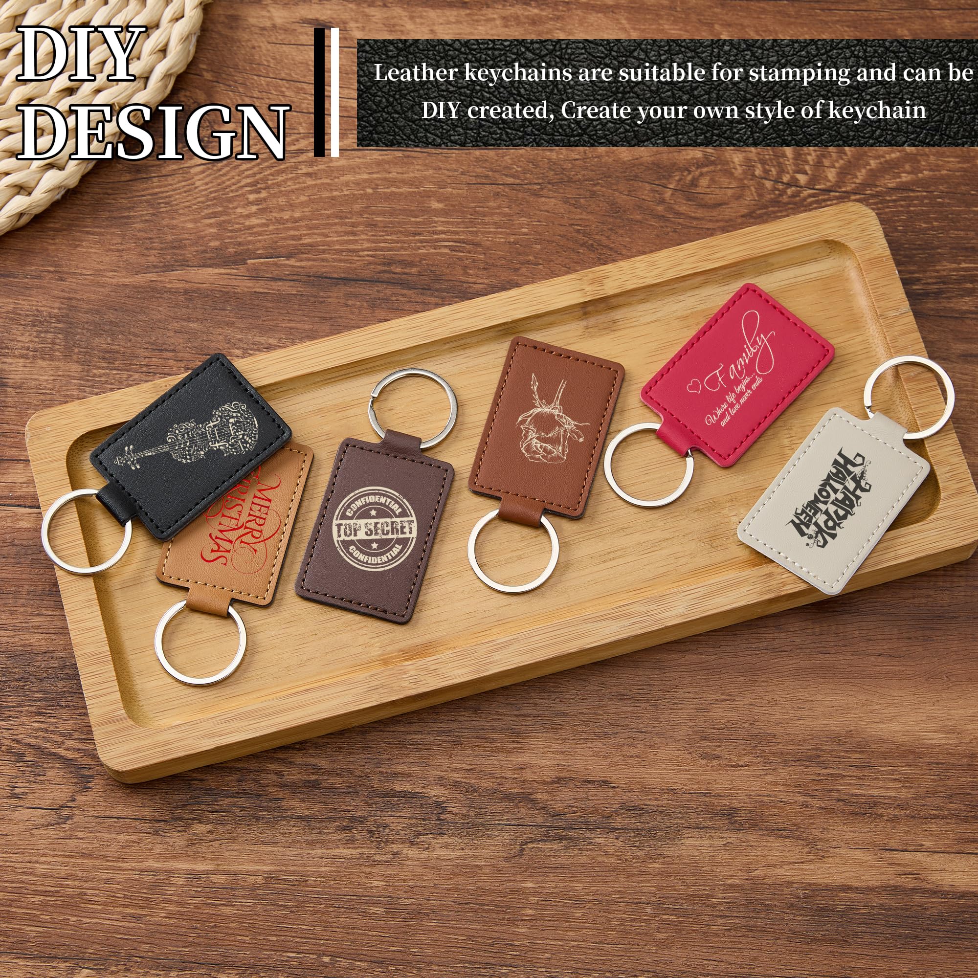 30-teiliges DIY-Leder-Schlüsselanhänger-Set, rechteckig, PU-Leder-Schlüsselanhänger mit Metall-Schlüsselanhängerringen, 6 Farben für Lasergravur, Stempeln, Malen, Arbeiten, Schlüsselanhänger