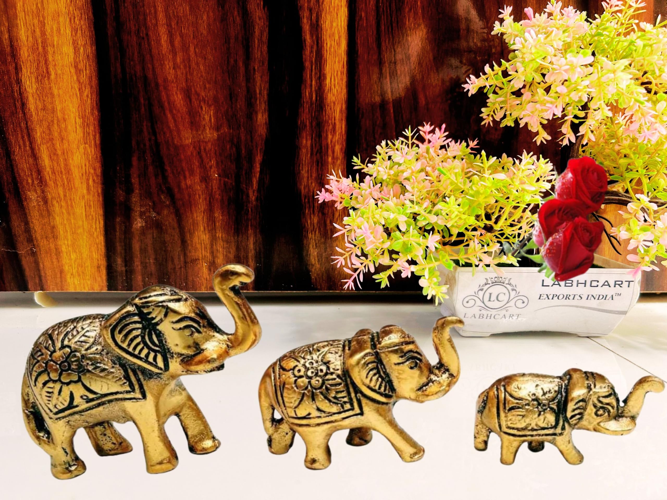 Metal Elephant Pair of 3 for Gift Home Decorative Showpiece (Metal, Gold) Elephant Metal Statue 3 pcs Set for Showpiece Enhance