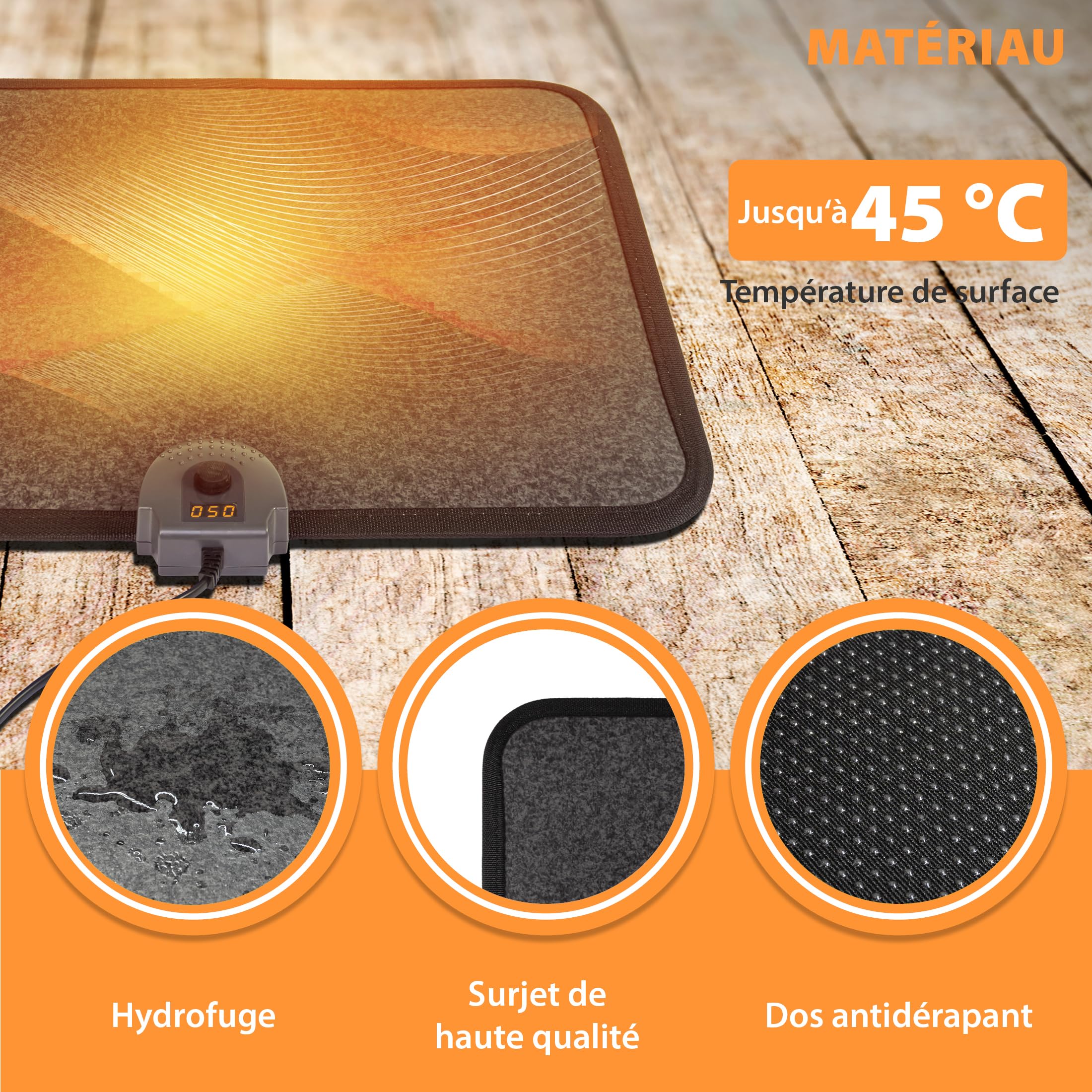 Mi-Heat Tapis Chauffant Électrique PVC 40x50 cm – Chauffe-Pieds avec Interrupteur à Pied & Minuterie – Tapis de Sol Imperméable pour Bureau et Chat, Facile à Nettoyer (max. 45°C)