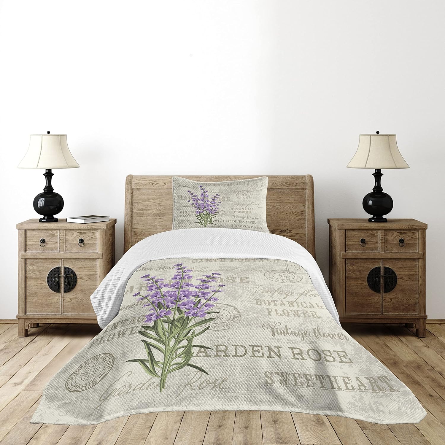Lunarable Lavender Bedspread, Vintage Postcard Composition Grunge Display and Flowers, Decorative Quilted 2 Piece Coverlet Set with Pillow Sham, Twin Size, Lilac