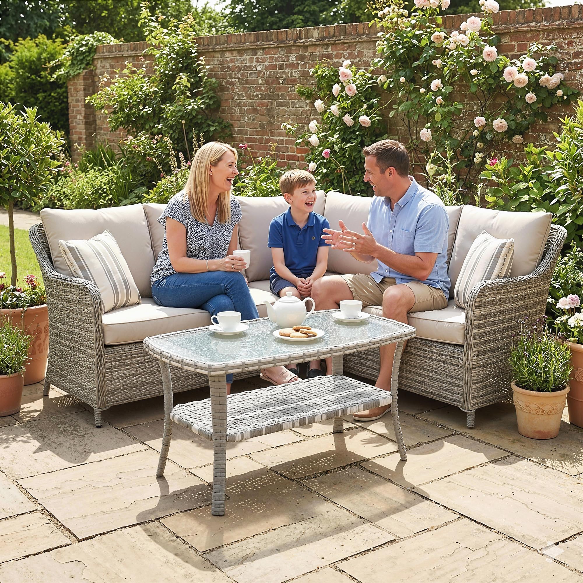 Outsunny Tavolo da giardino esterno in rattan con mensola, tavolino rettangolare da giardino, piano in vetro temperato con onde, struttura in acciaio, per terrazza, patio, 90 x 50 x 45 cm, grigio