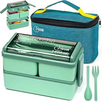 Bento Box, 1400ml Stackable 2 Layer Leak Proof Bento Lunch Box with Insulated Bag & Cutlery, 3 Removable Compartment Lunch Box Adults, Kids & Office, Microwavable Lunchbox Green