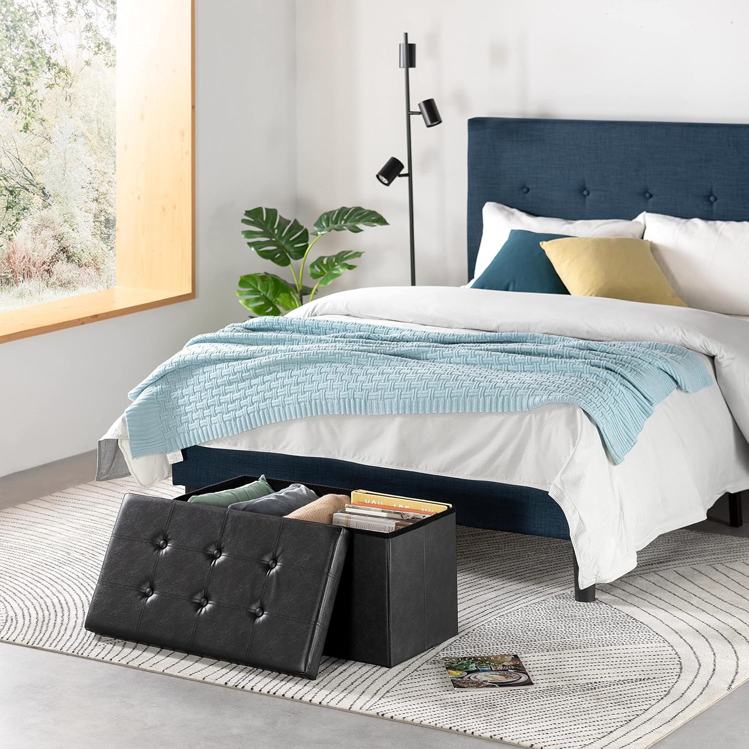 Otto & Ben Folding Box Chest with Memory Foam Seat Tufted Faux Leather Trunk Bedroom Ottomans Bench Foot Rest Stool, 30 Inch, Black