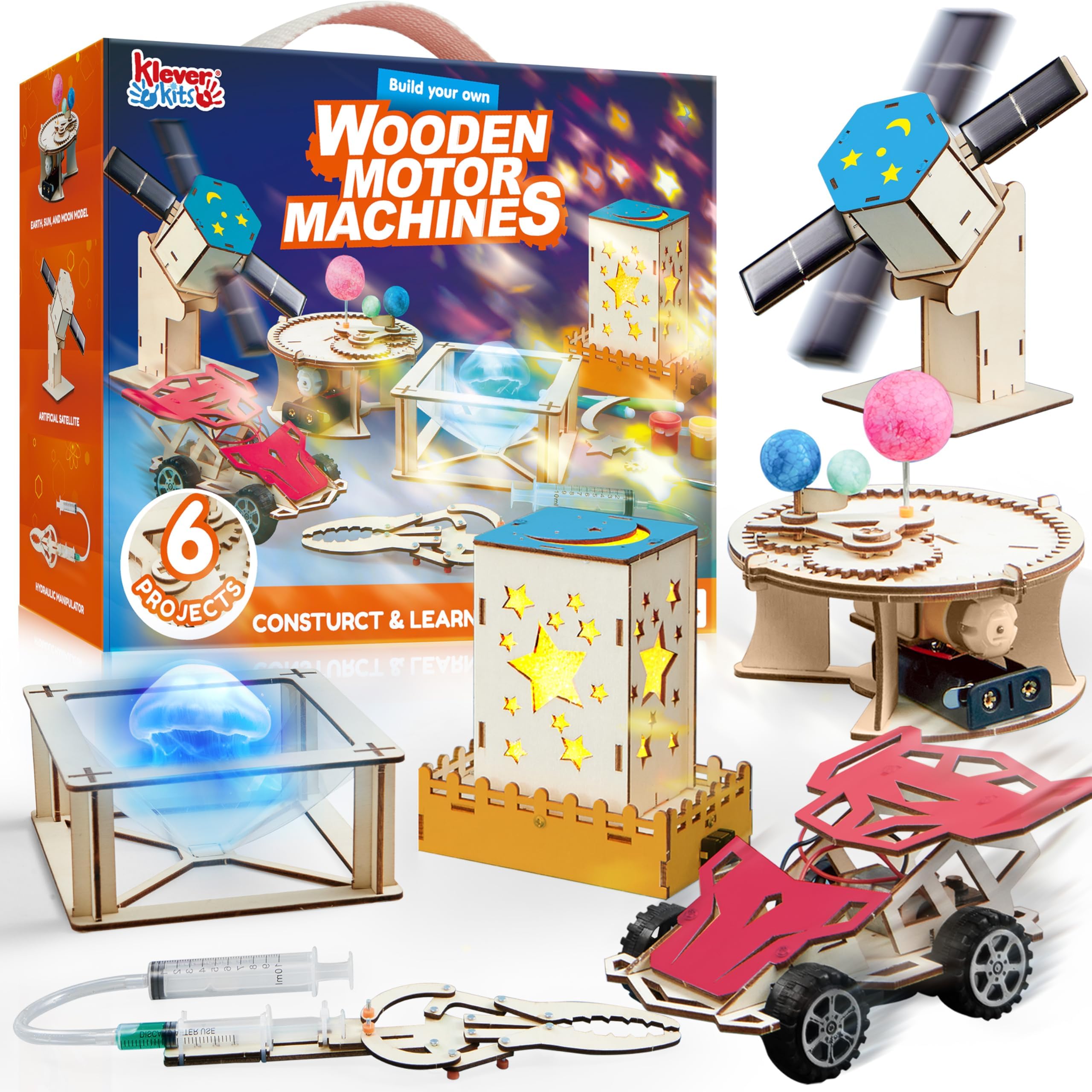 Klever Kits Science Building Toys 6 Projects- Make Your Wooden Motor Machines- Learning Crafts and STEM Activities for Kids Aged 8 9 10 + DIY Race Car & Star Nightlights