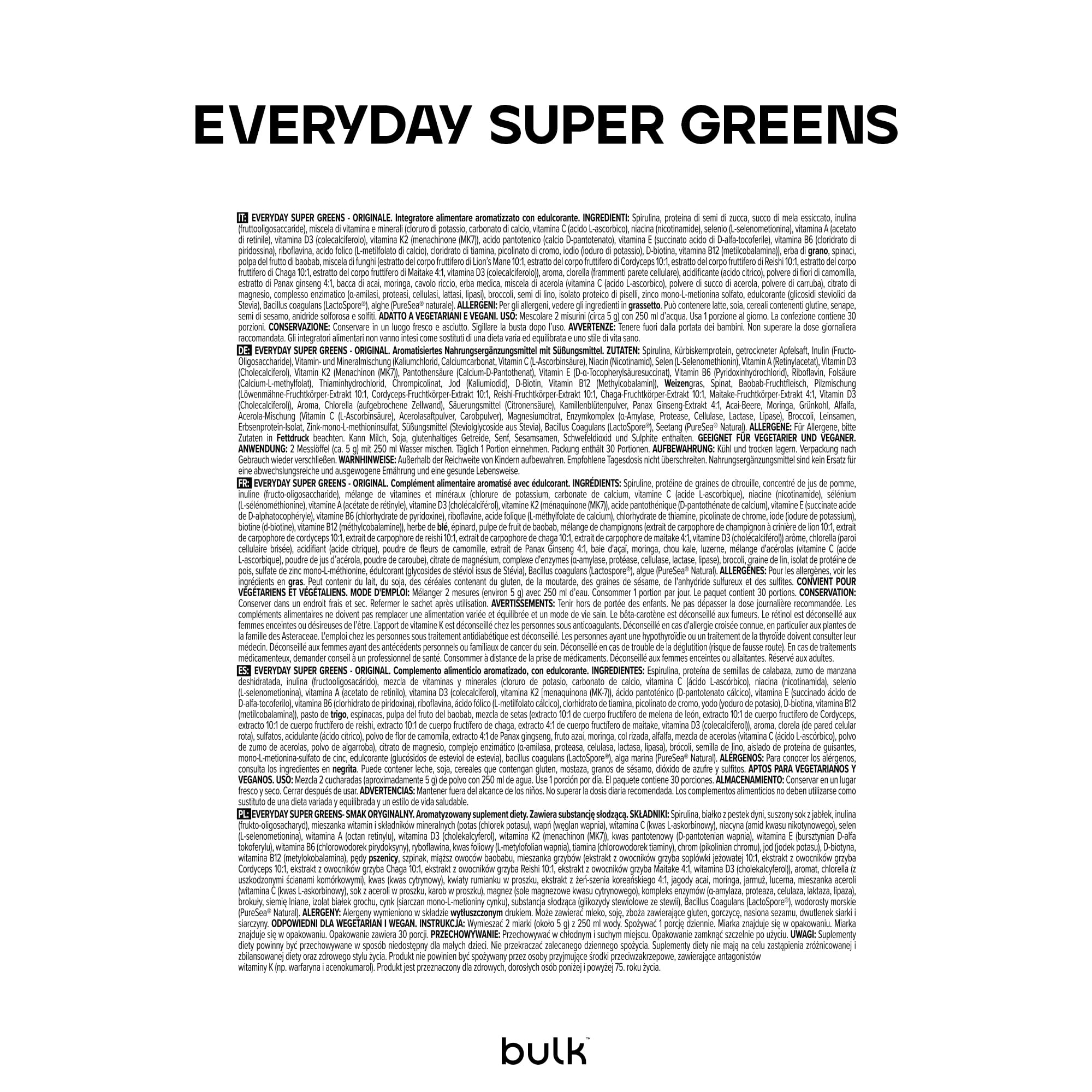 Bulk Everyday Super Greens Pulver | Original | 60 Portionen | Mit 50 Vitaminen, Mineralien & Superfoods | Reich an Vitamin C, D & B12 | Unterstützt Immunität & Wohlbefinden