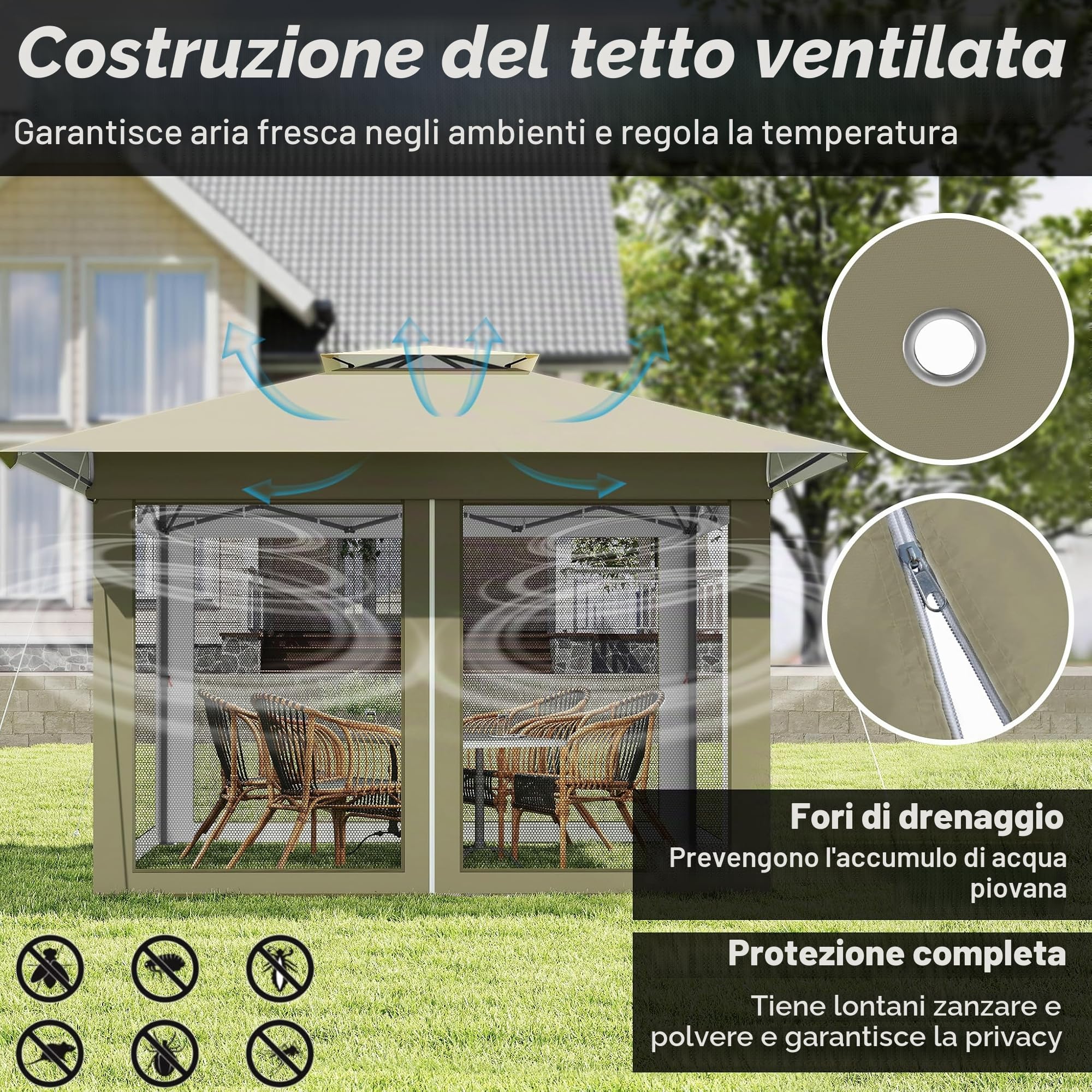 Aufun Gazebo da giardino Pop Up Padiglione 4x4m, protezione UV e zanzare, stabile gazebo pieghevole regolabile in altezza, tenda da giardino con 4 pannelli laterali con zanzariera e tetto doppio