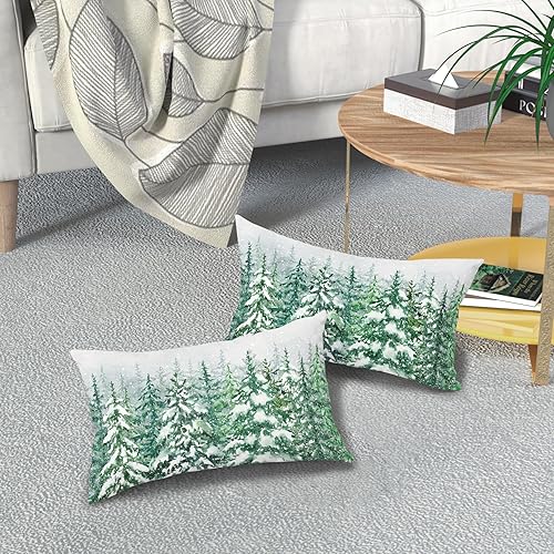 Miniatura 7 de Juego de 2 fundas de almohada lumbar de invierno con árboles de Navidad de pino de 12 x 20 pulgadas, diseño de bosque verde nieve, fundas de cojín