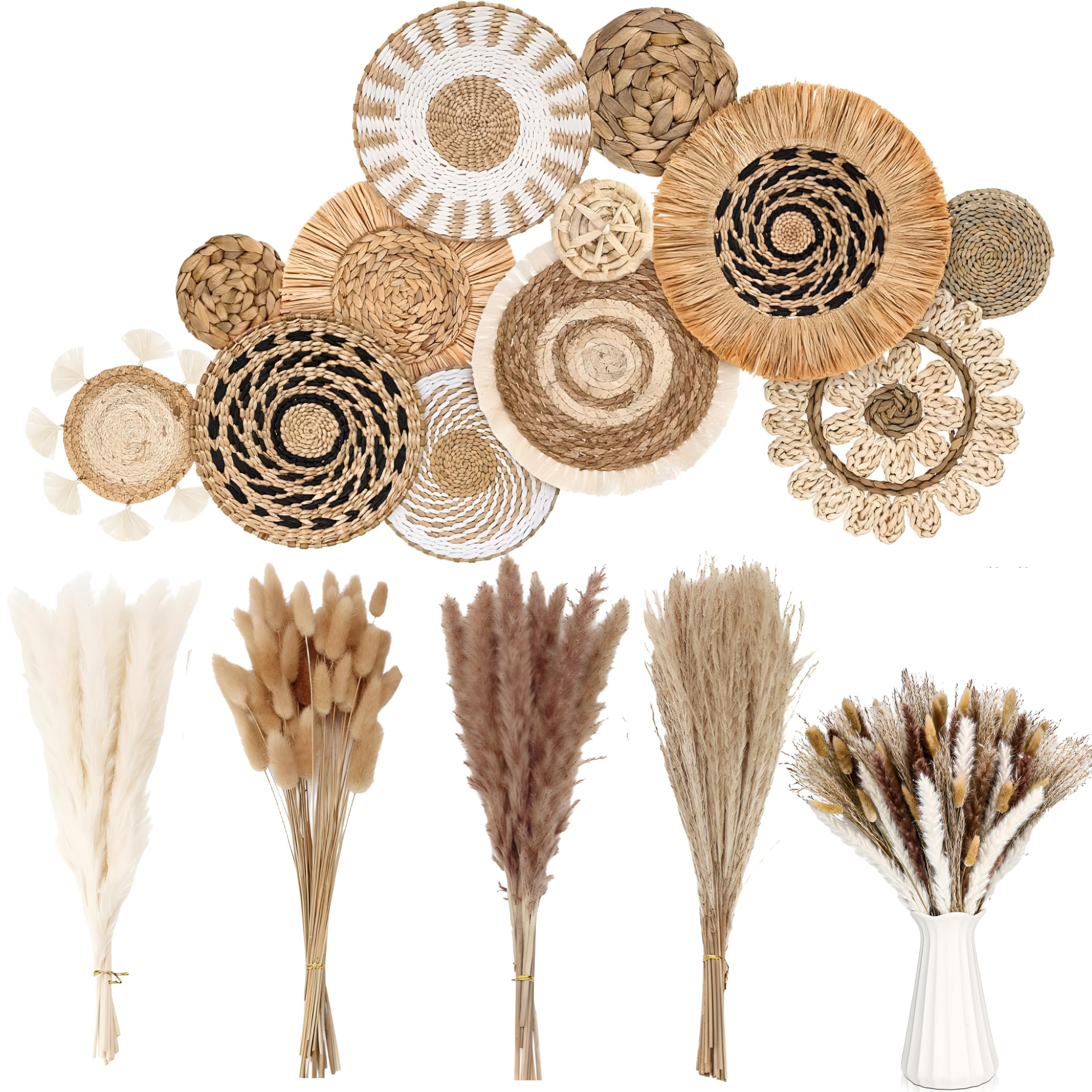 Knitgrip 132 Pcs Boho Home Decor, Include 12 Pcs Hanging Woven Wall Baskets Handmade Rattan Wicker Wall Art and 120 Dried Pampas Grass Bouquet for