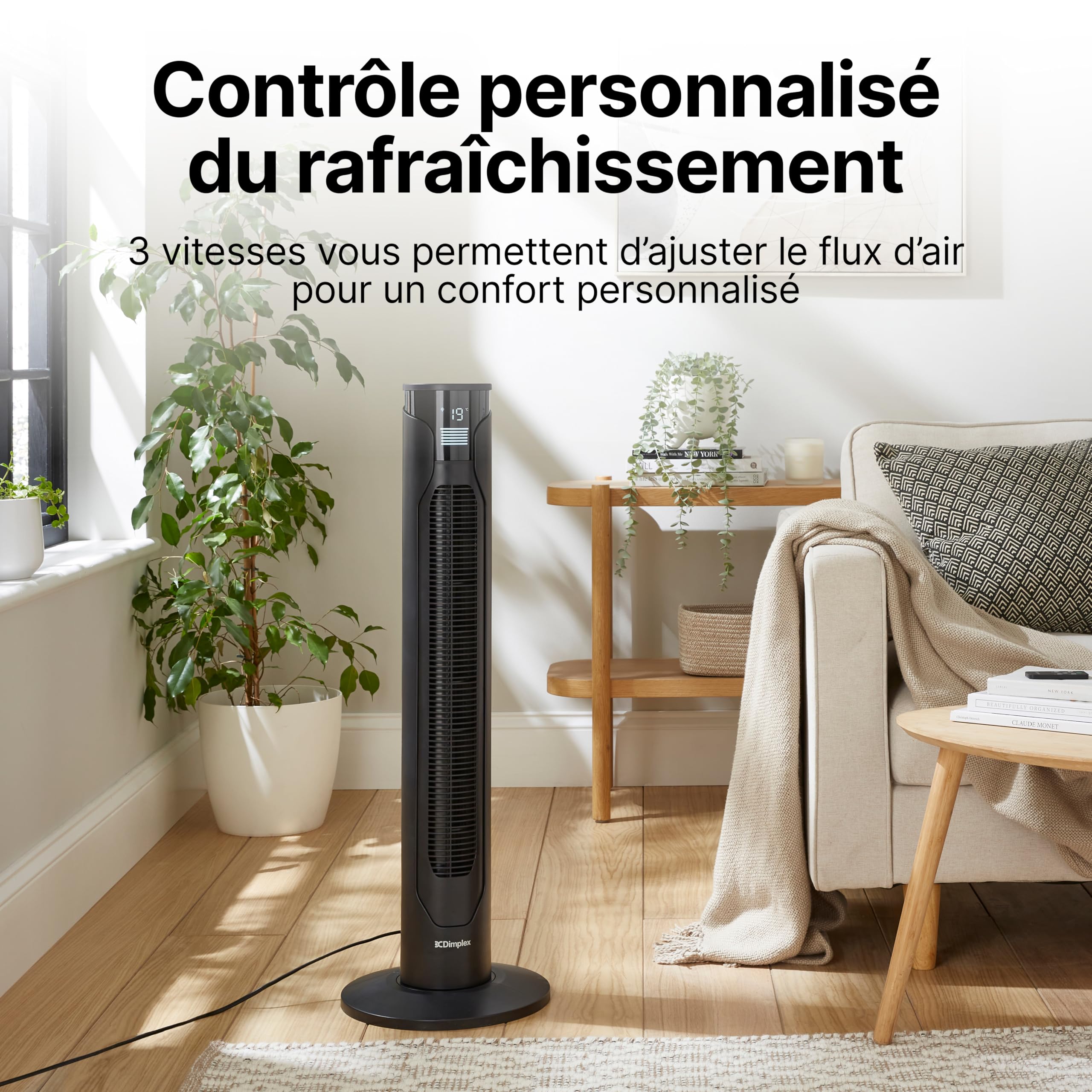 DIMPLEX Ventilateur Colonne Oscillant 70°, 3 Vitesses, Minuterie 12h, Écran LED, 4 Modes, Télécommande, Anthracite
