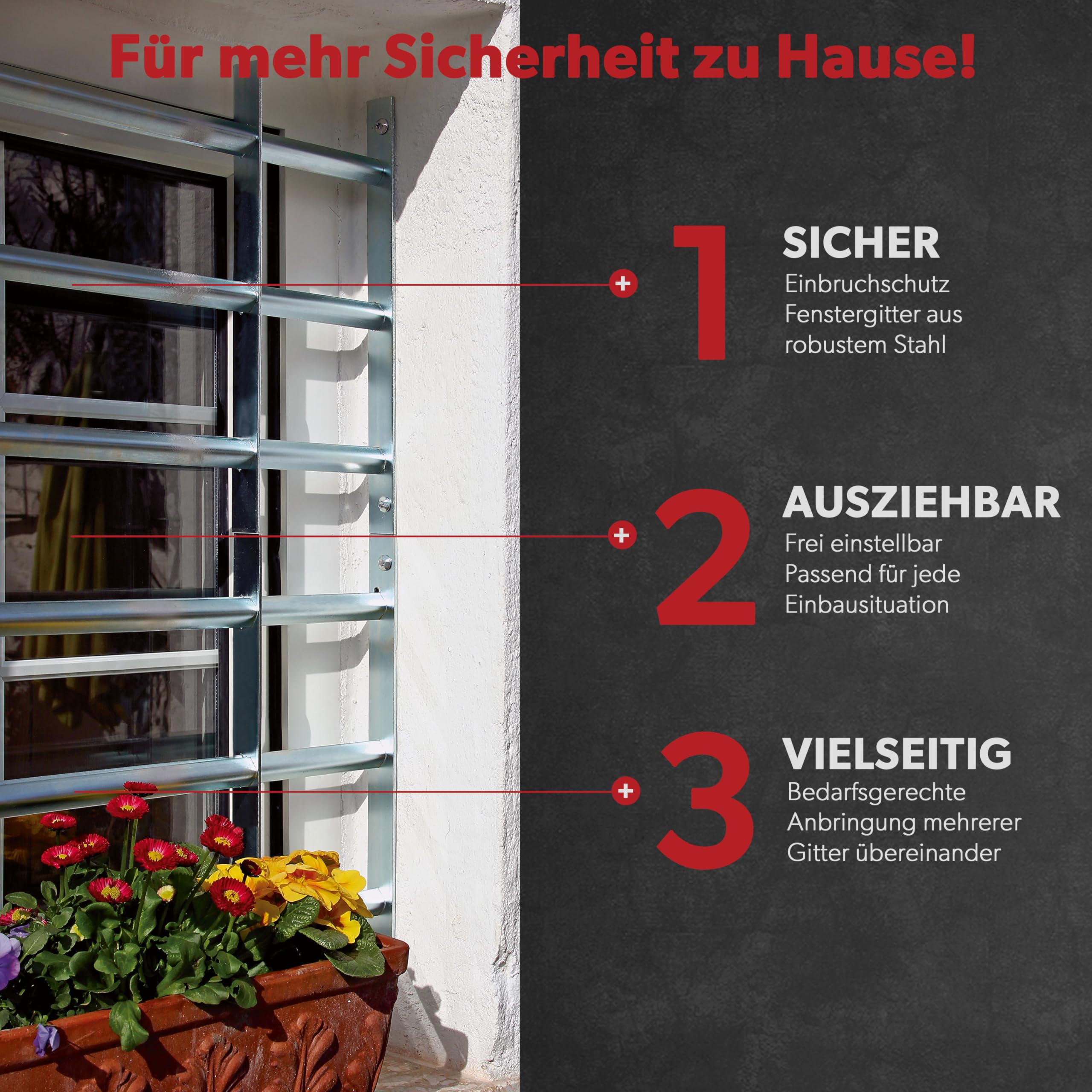 siwitec Fenstergitter inkl. Montagezubehör | Stahl roh | Einbruchschutz | Gitter | Kellerfenstersicherung | ausziehbare Fenstersicherung | 700-1050 x 450 mm