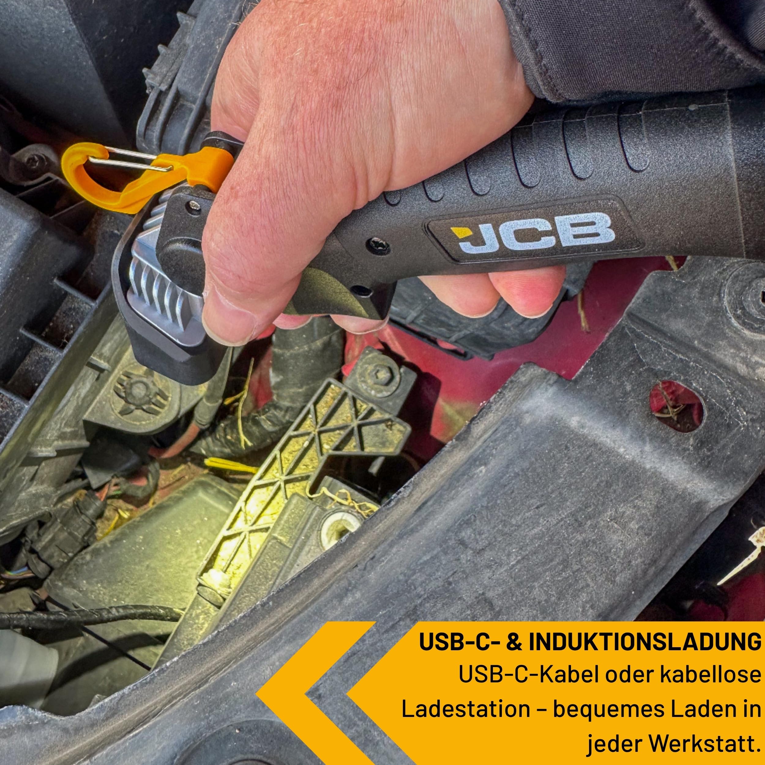 JCB Work Lights Akku-Inspektionslampe mit Magnetfuß & Karabiner, freihändiges Arbeiten, kompakt 208 mm, USB-C oder Wireless-Ladestation, bis 29 h Laufzeit, LED Spot/Flood