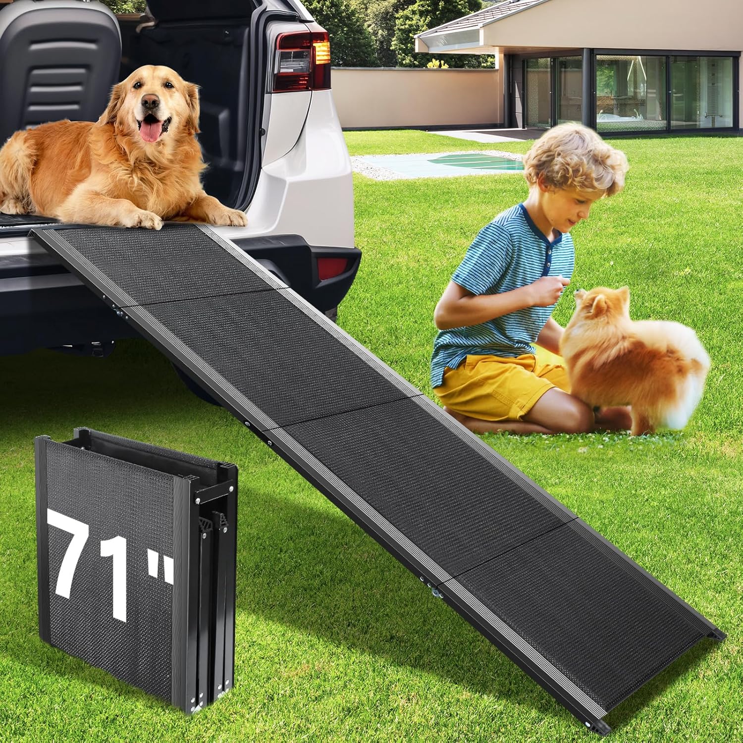 dog ramp for car, 71'' l x 20'' w dog ramps for large dogs, extra wide pet ramp with non-slip surface for medium & large dogs to get in car, suv & truck, supports up to 250 lbs