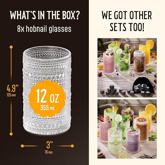 12 Oz Hobnail Drinking Glasses Set of 8 - Clear Multipurpose Glassware Sets, Decorative & Stylish Glasses Drinking Set for Bar, Kitchen, Cocktail Glassware, Garden - Home, Dining, Kitchen