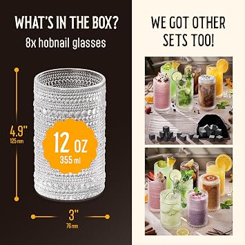 12 Oz Hobnail Drinking Glasses Set of 8 - Clear Multipurpose Glassware Sets, Decorative & Stylish Glasses Drinking Set for Bar, Kitchen, Cocktail Glassware, Garden - Home, Dining, Kitchen