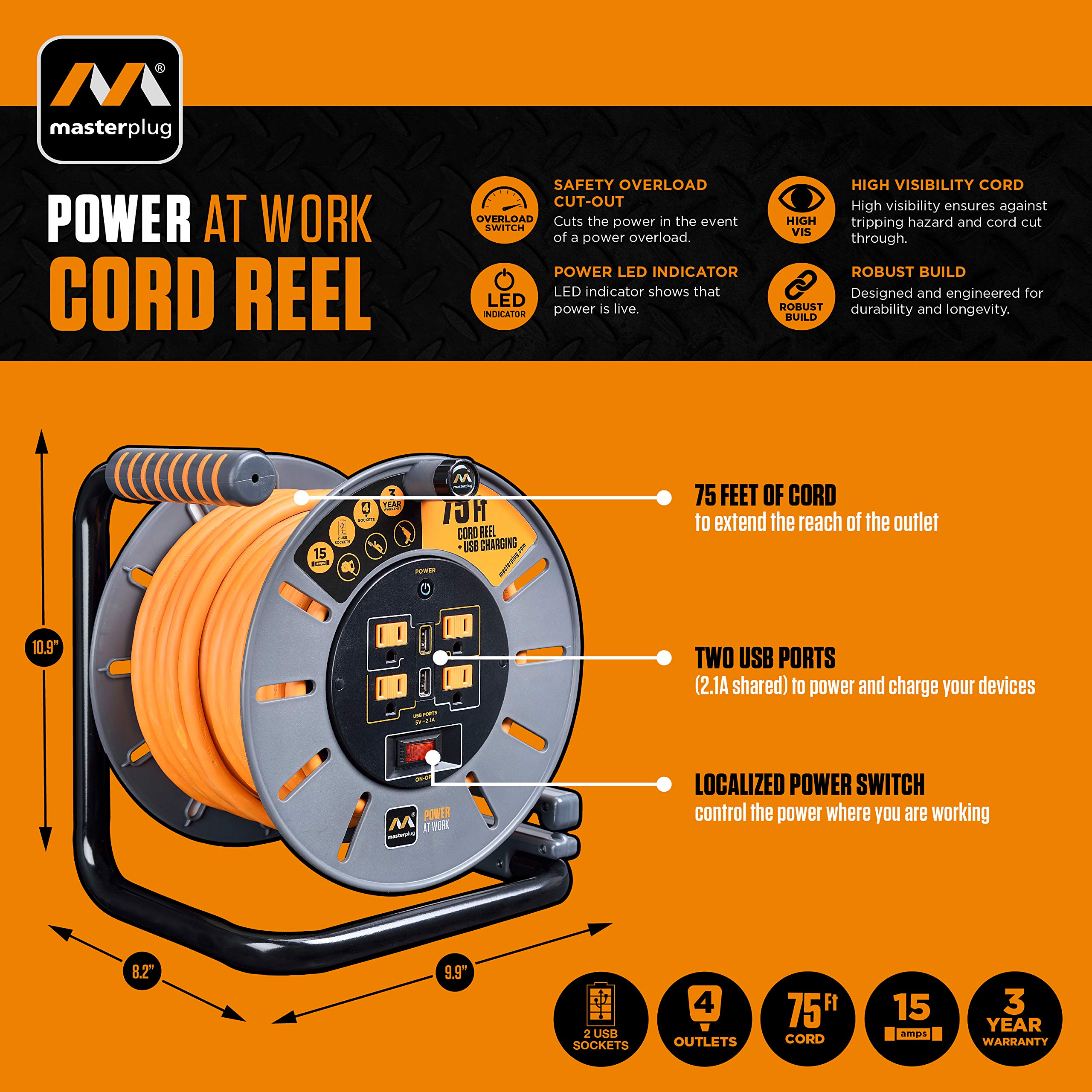 Power at Work - Avvolgicavo aperto con quattro prese di corrente, maniglia di avvolgimento e due porte di ricarica USB, interruttore di sicurezza per sovraccarico e interruttore di alimentazione, cavo