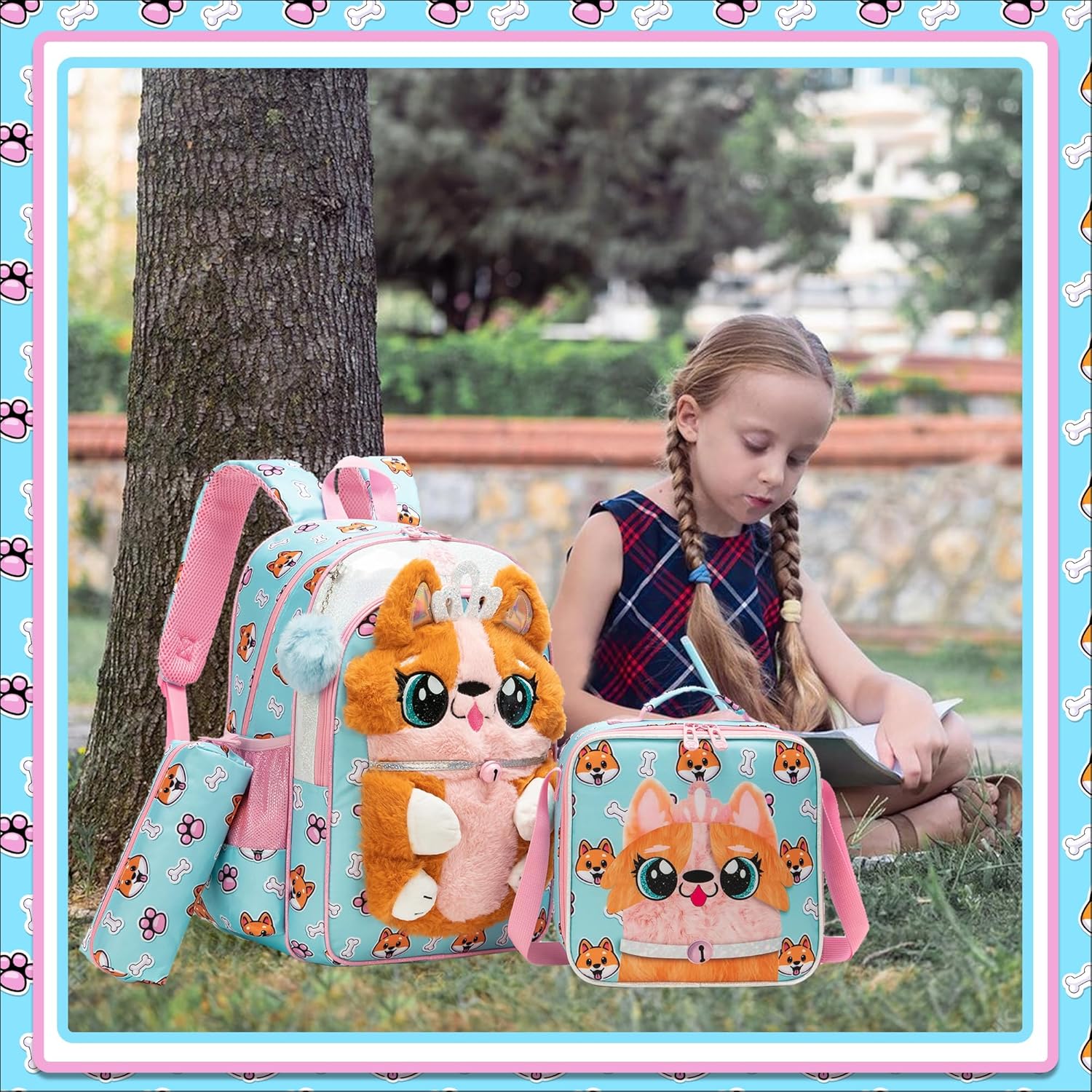 Meetbelify Kids Backpacks for Girls School Backpack with Lunch Bag Pencil Case for Elementary Student 3D Carton Plush Kids Travel School Bag for Girls Ages 6-8 Years Old